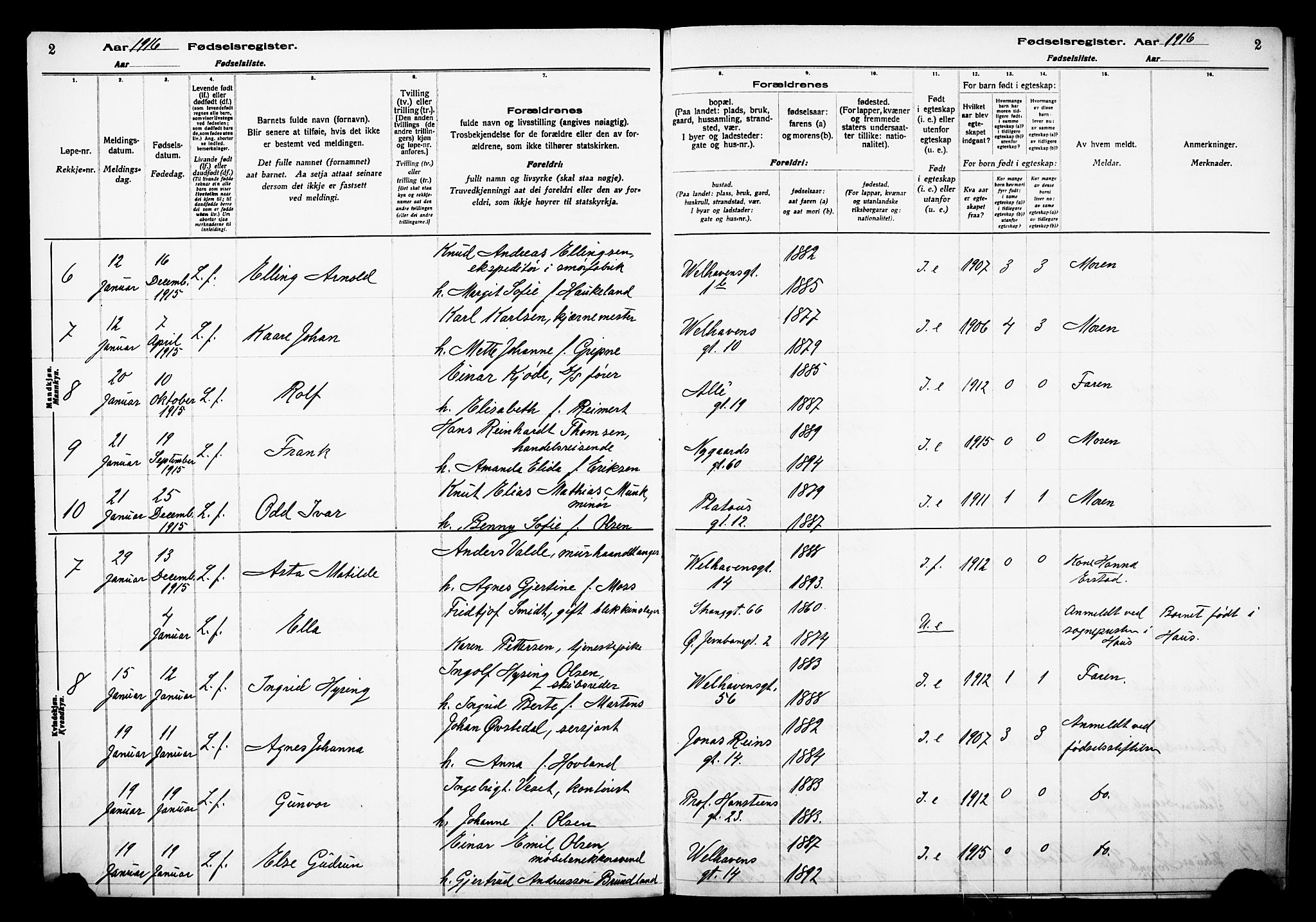 Johanneskirken sokneprestembete, SAB/A-76001/I/Id/L00A1: Birth register no. A 1, 1916-1924, p. 2