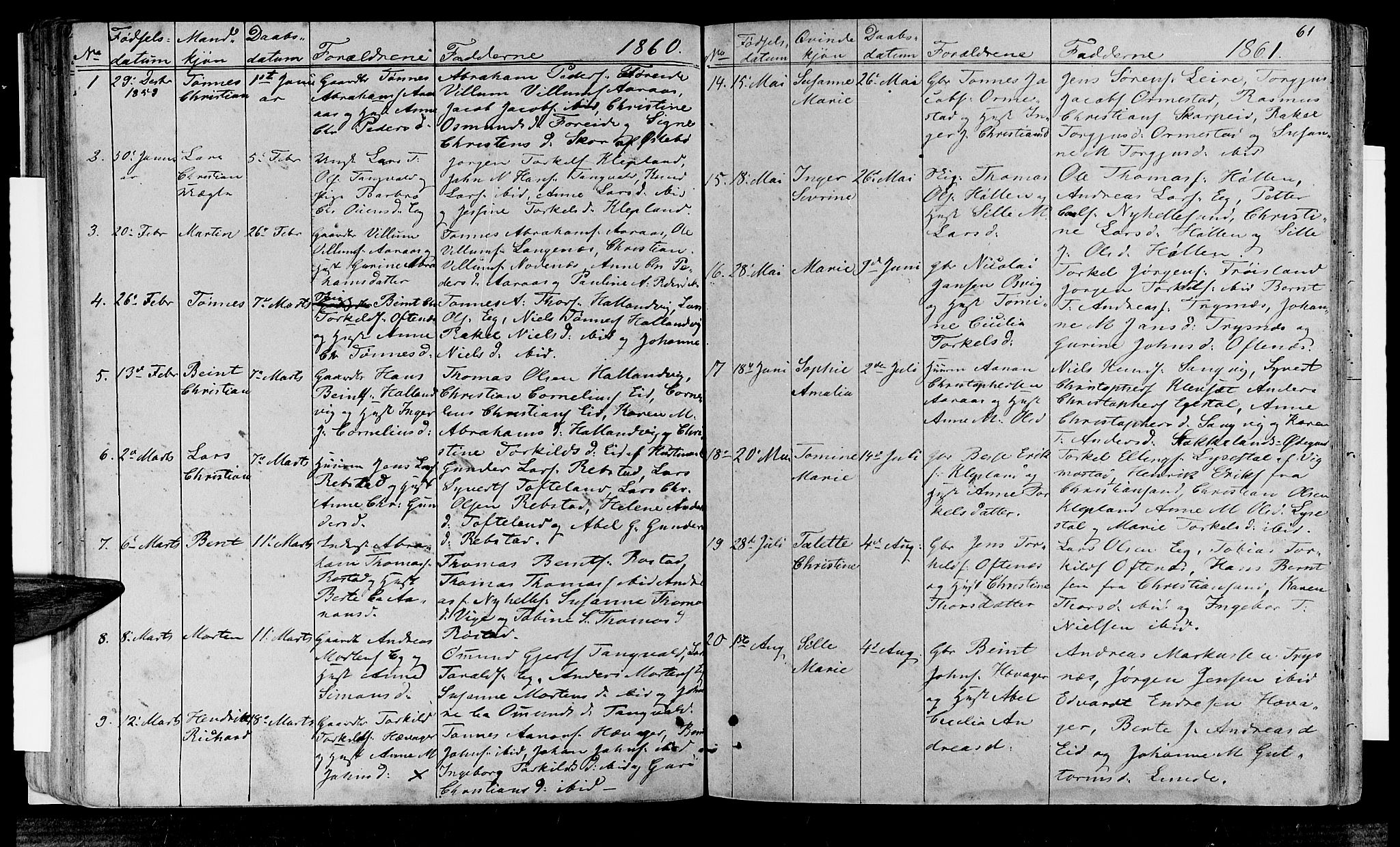 Søgne sokneprestkontor, SAK/1111-0037/F/Fb/Fbb/L0003: Parish register (copy) no. B 3, 1848-1864, p. 61