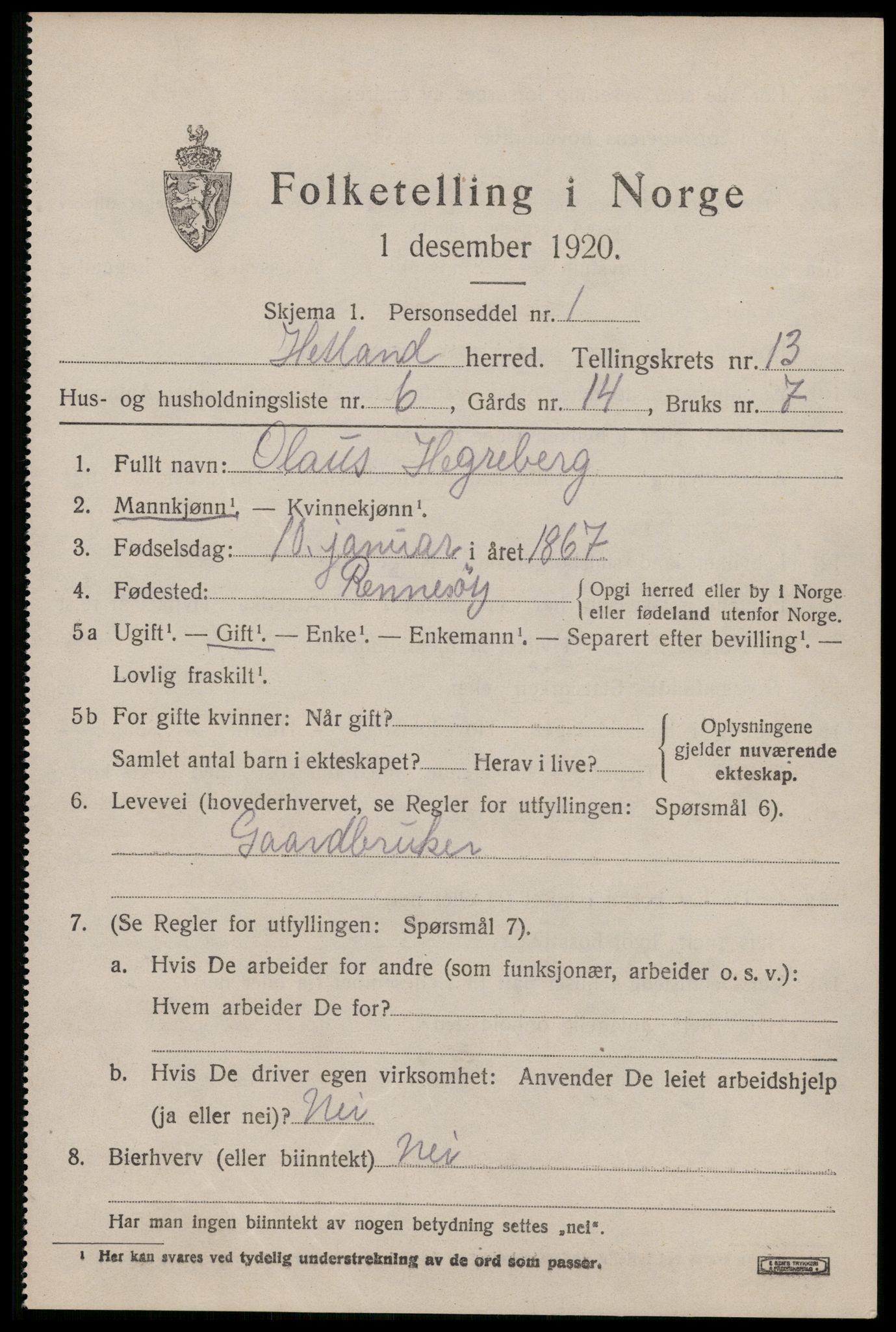 SAST, 1920 census for Hetland, 1920, p. 21697