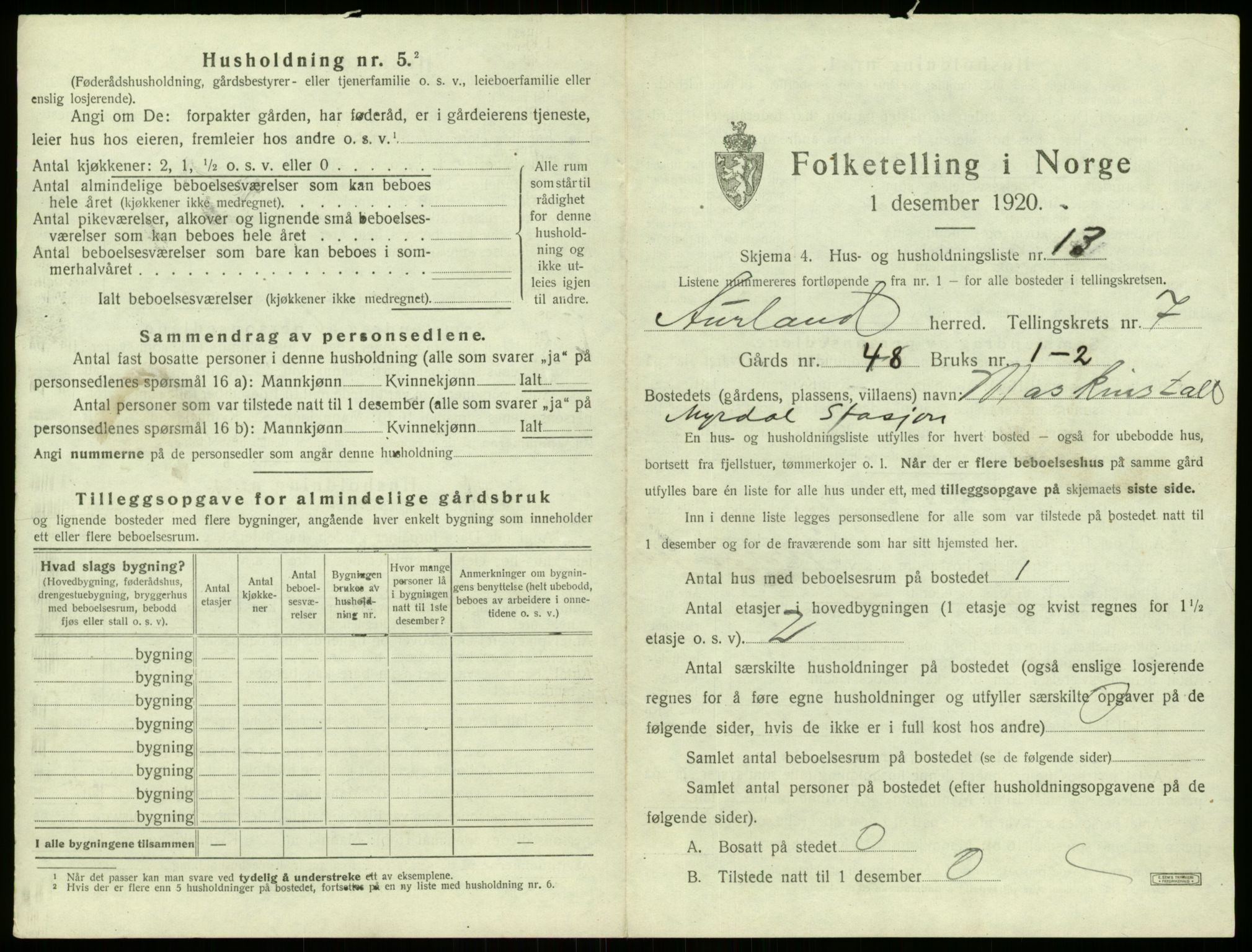 SAB, 1920 census for Aurland, 1920, p. 585