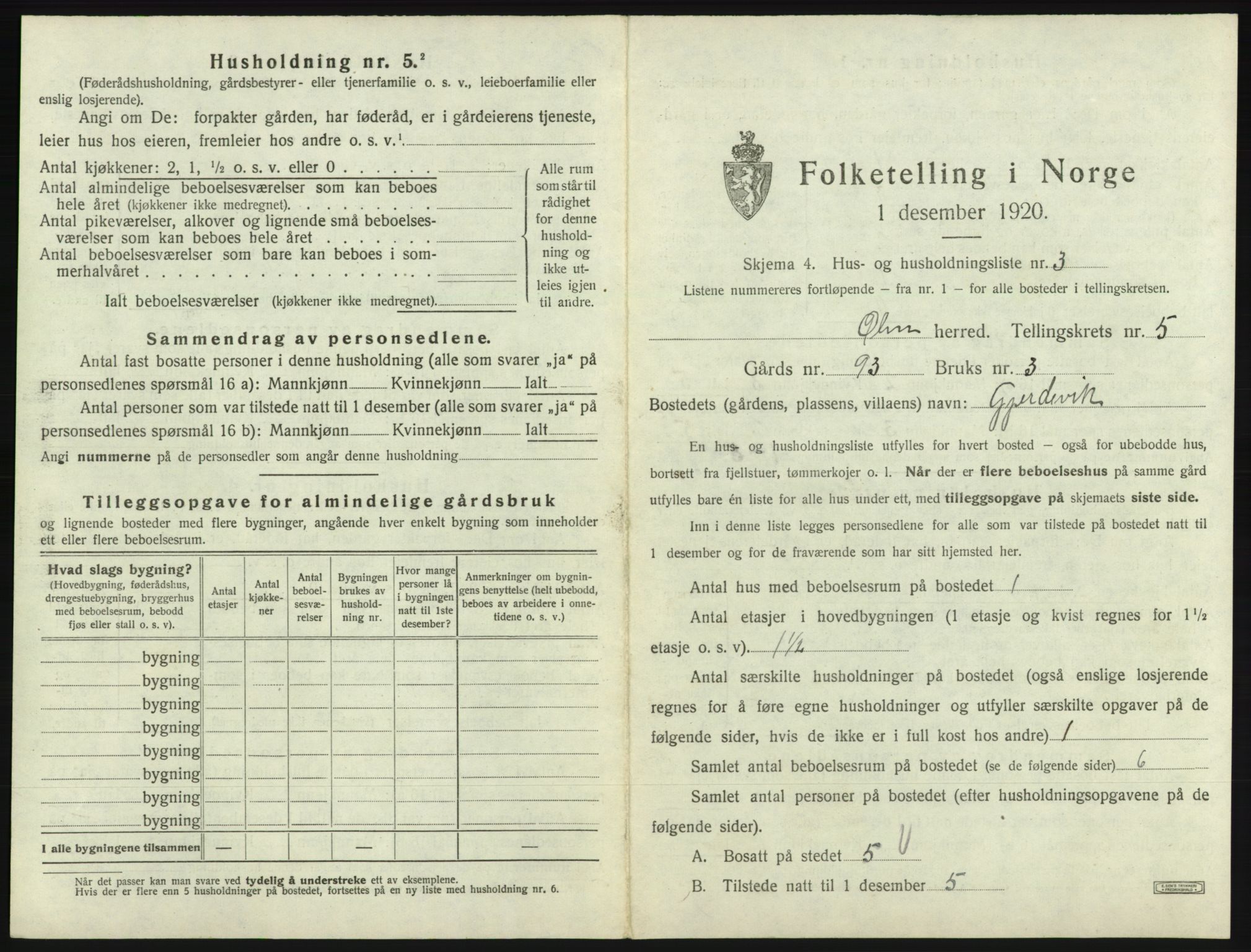 SAB, 1920 census for Ølen, 1920, p. 367