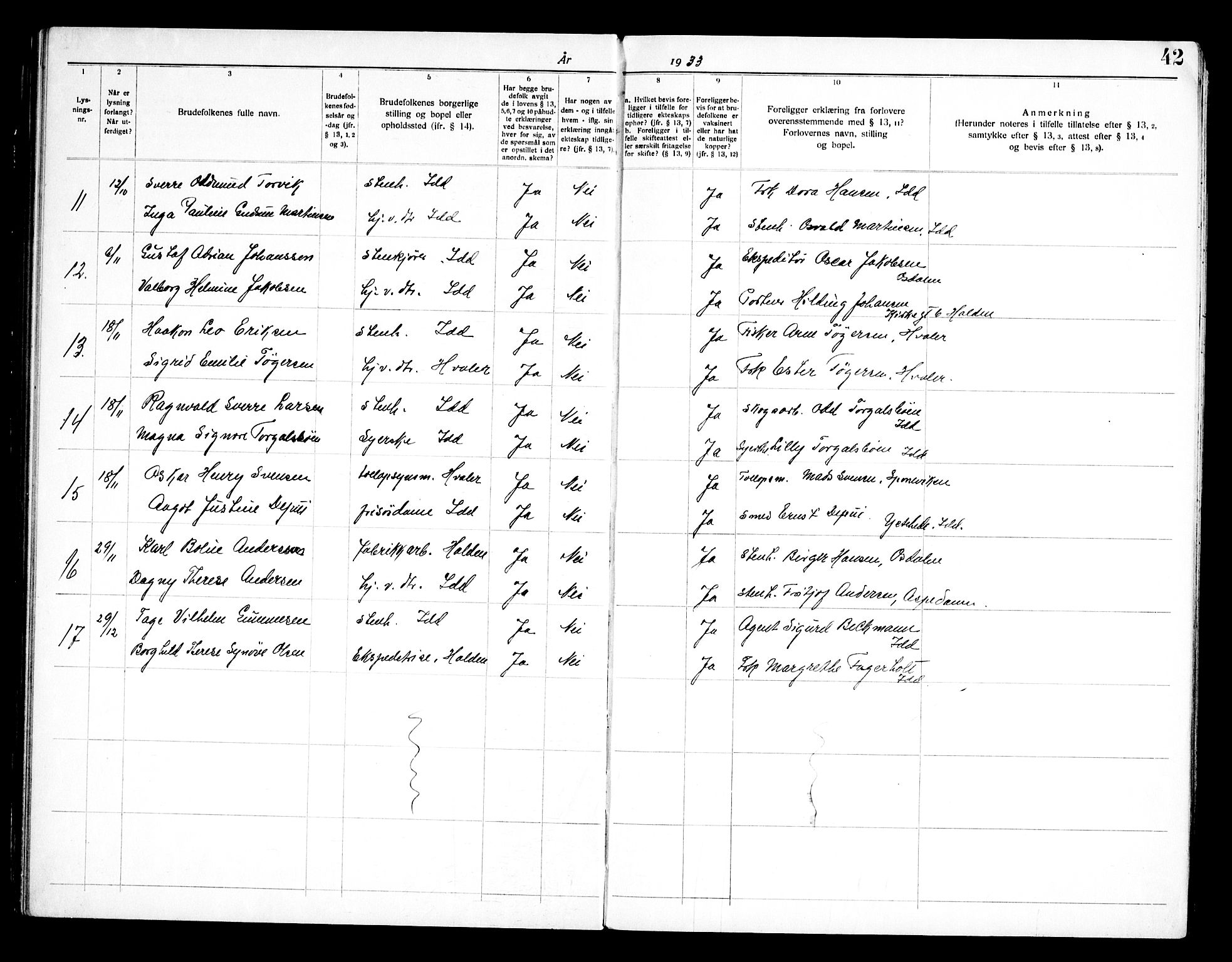 Idd prestekontor Kirkebøker, SAO/A-10911/H/Ha/L0002: Banns register no. I 2, 1919-1958, p. 42