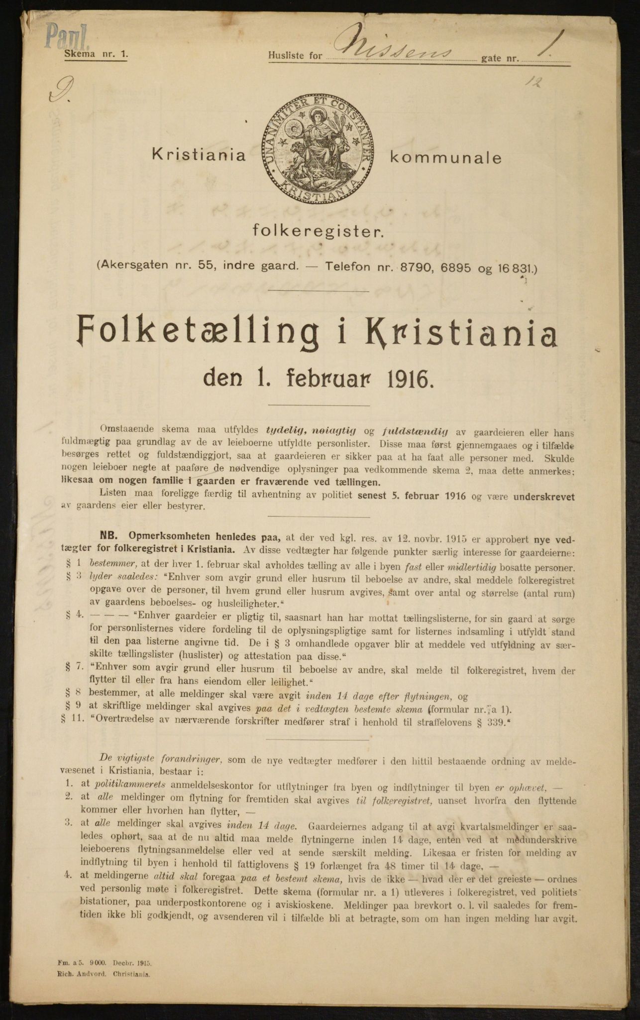 OBA, Municipal Census 1916 for Kristiania, 1916, p. 72909