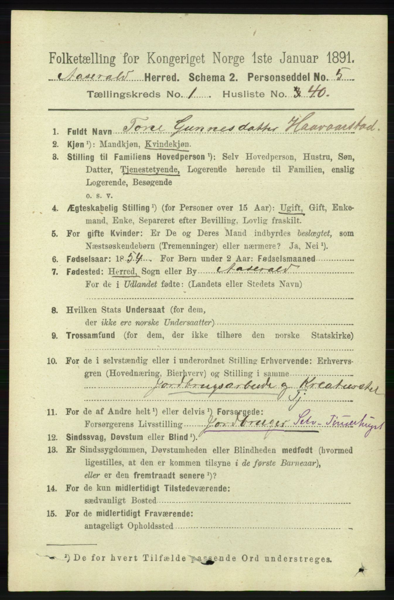 RA, 1891 census for 1026 Åseral, 1891, p. 325