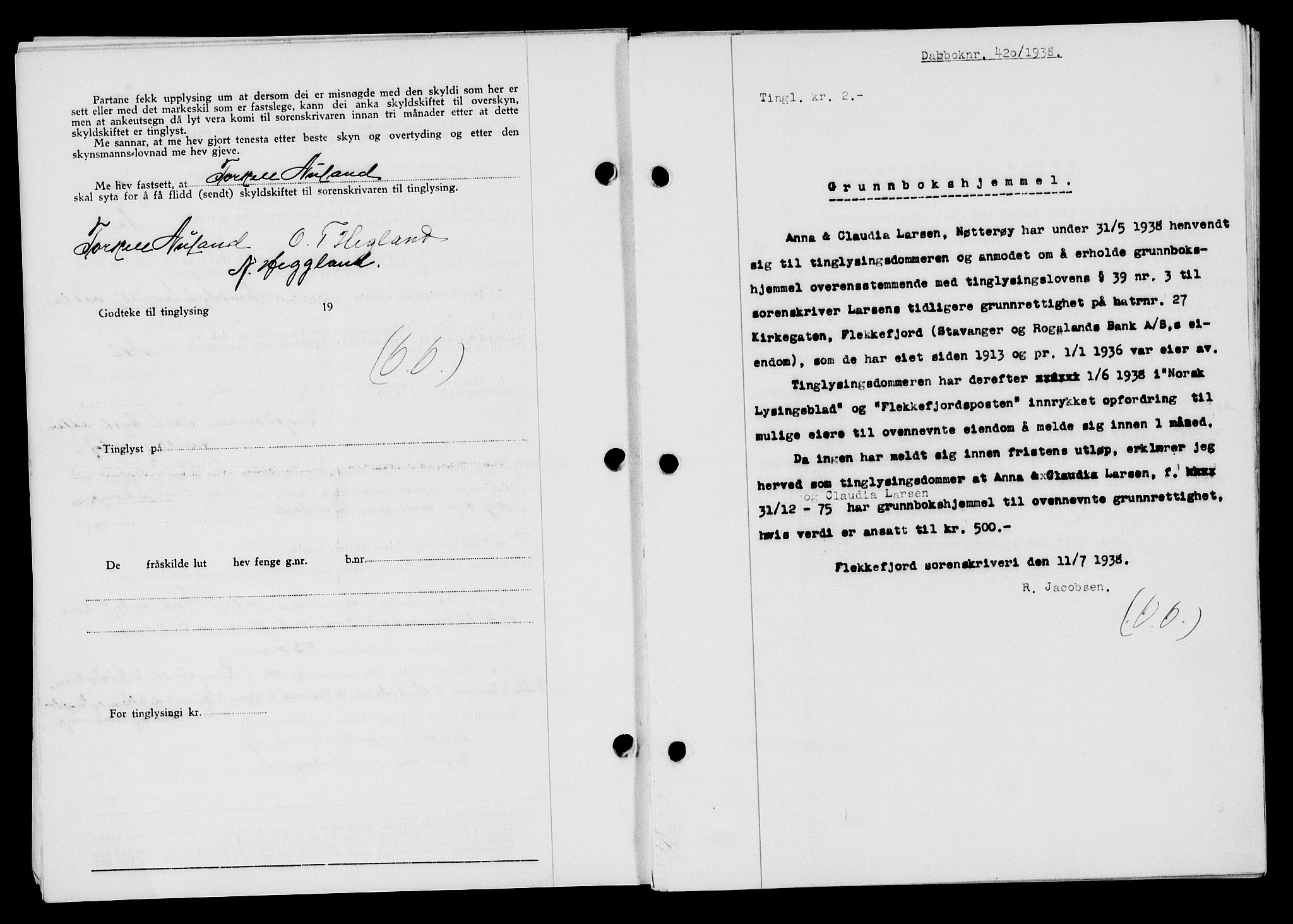 Flekkefjord sorenskriveri, SAK/1221-0001/G/Gb/Gba/L0054: Mortgage book no. A-2, 1937-1938, Diary no: : 420/1938