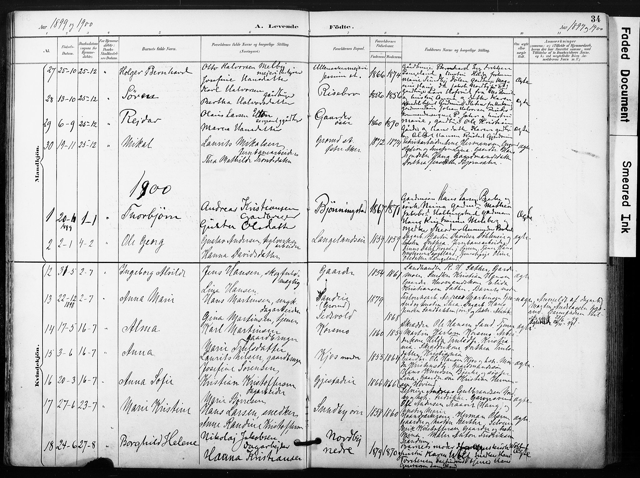 Ullensaker prestekontor Kirkebøker, AV/SAO-A-10236a/F/Fb/L0002: Parish register (official) no. II 2, 1894-1909, p. 34