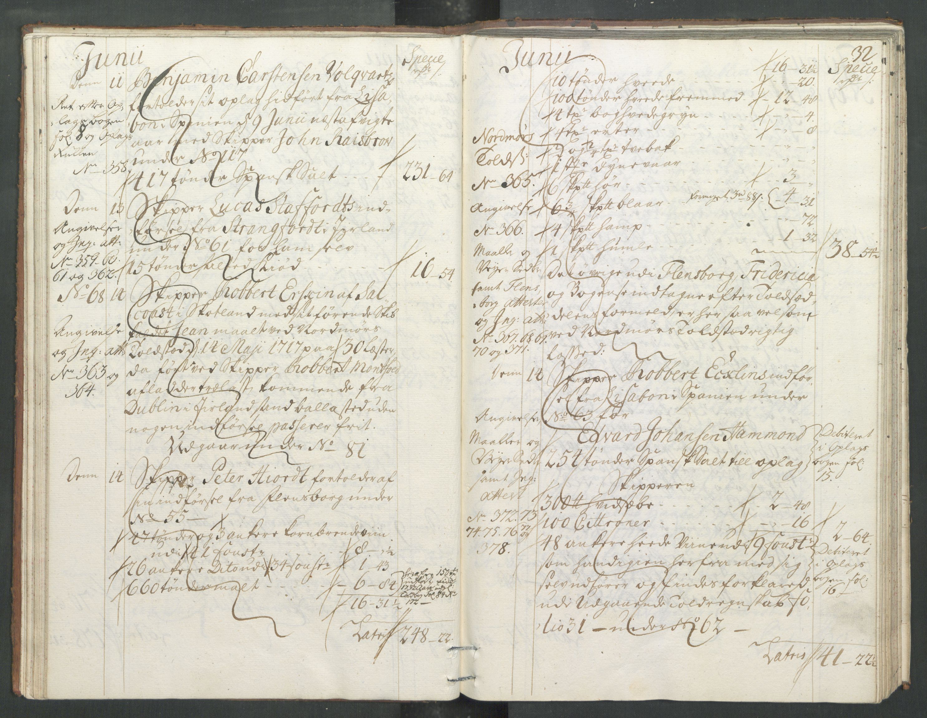 Generaltollkammeret, tollregnskaper, RA/EA-5490/R33/L0013/0001: Tollregnskaper Trondheim A / Inngående tollbok, 1731, p. 31b-32a
