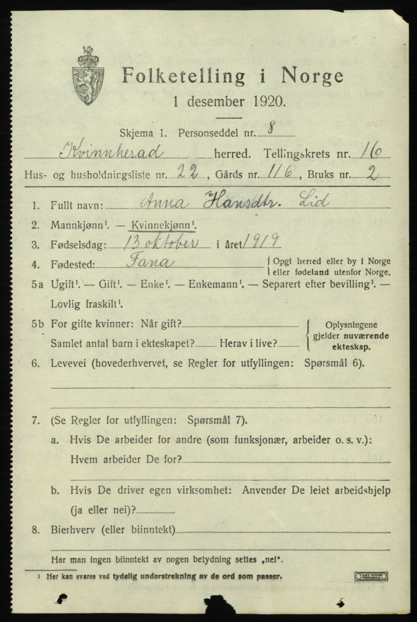 SAB, 1920 census for Kvinnherad, 1920, p. 10424