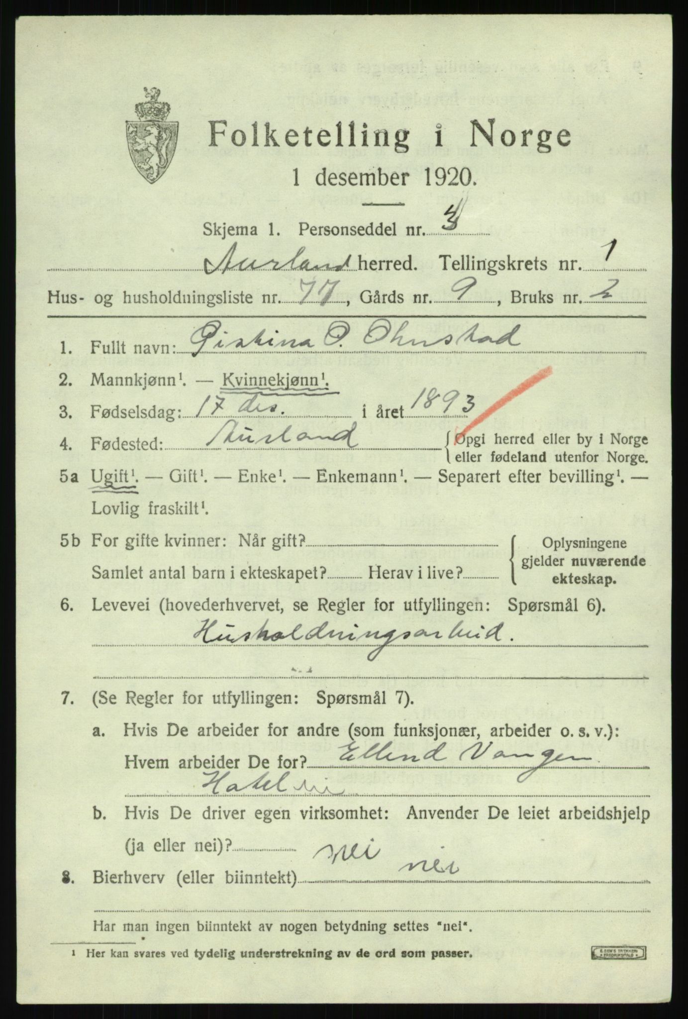 SAB, 1920 census for Aurland, 1920, p. 1818