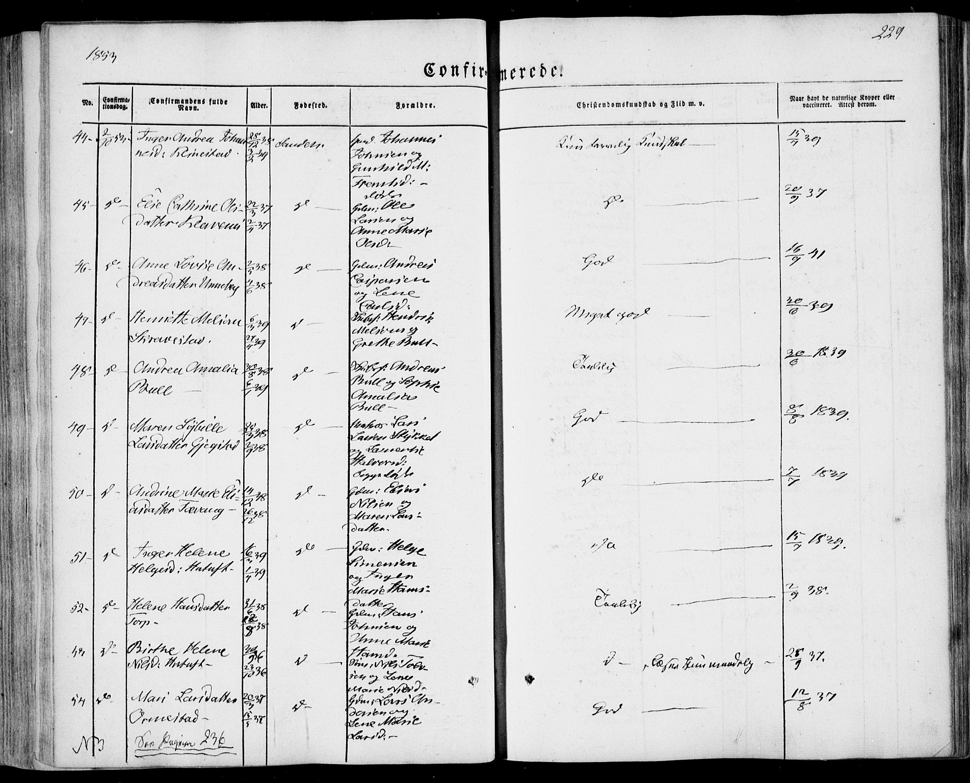 Sandar kirkebøker, SAKO/A-243/F/Fa/L0006: Parish register (official) no. 6, 1847-1860, p. 229