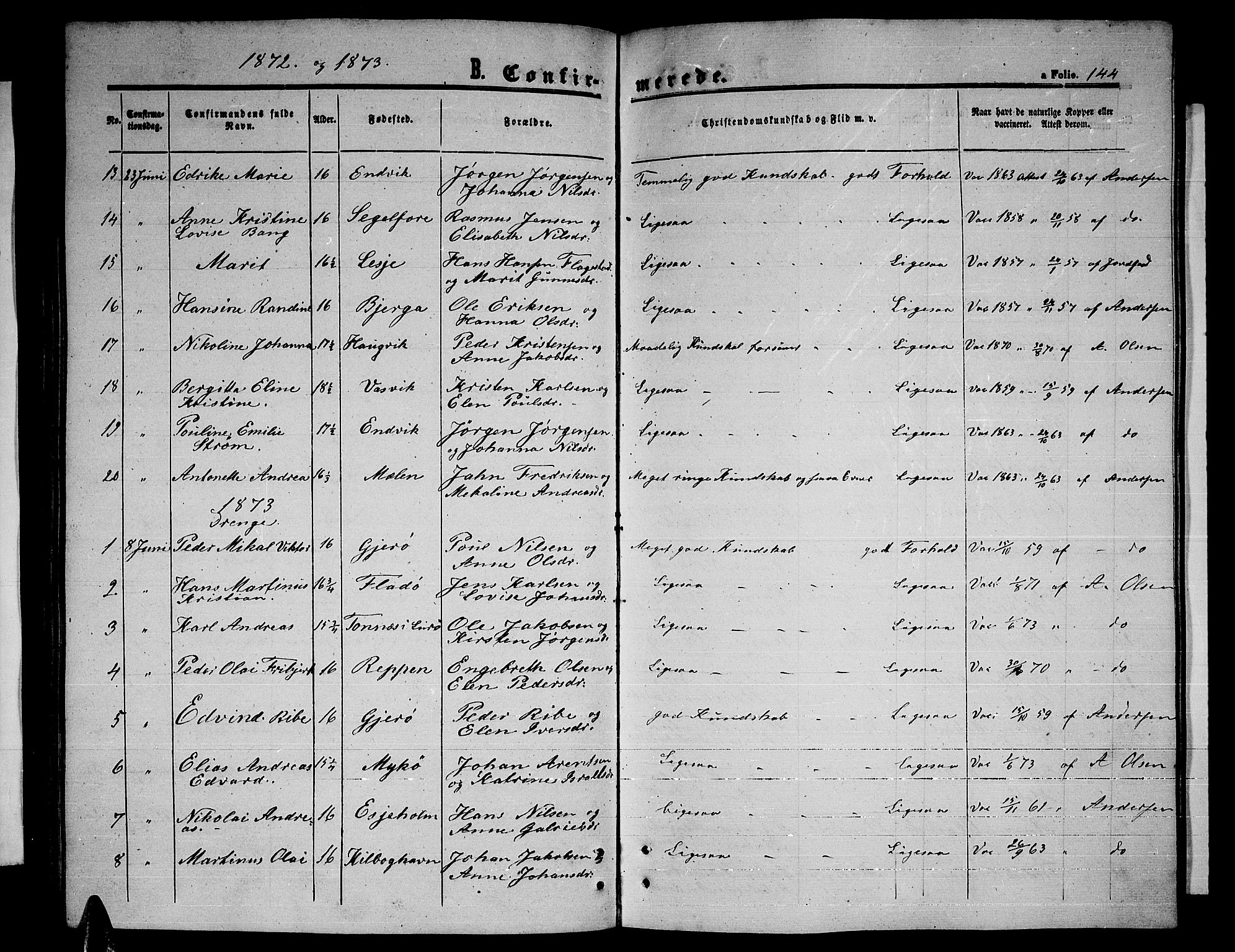 Ministerialprotokoller, klokkerbøker og fødselsregistre - Nordland, SAT/A-1459/841/L0619: Parish register (copy) no. 841C03, 1856-1876, p. 144