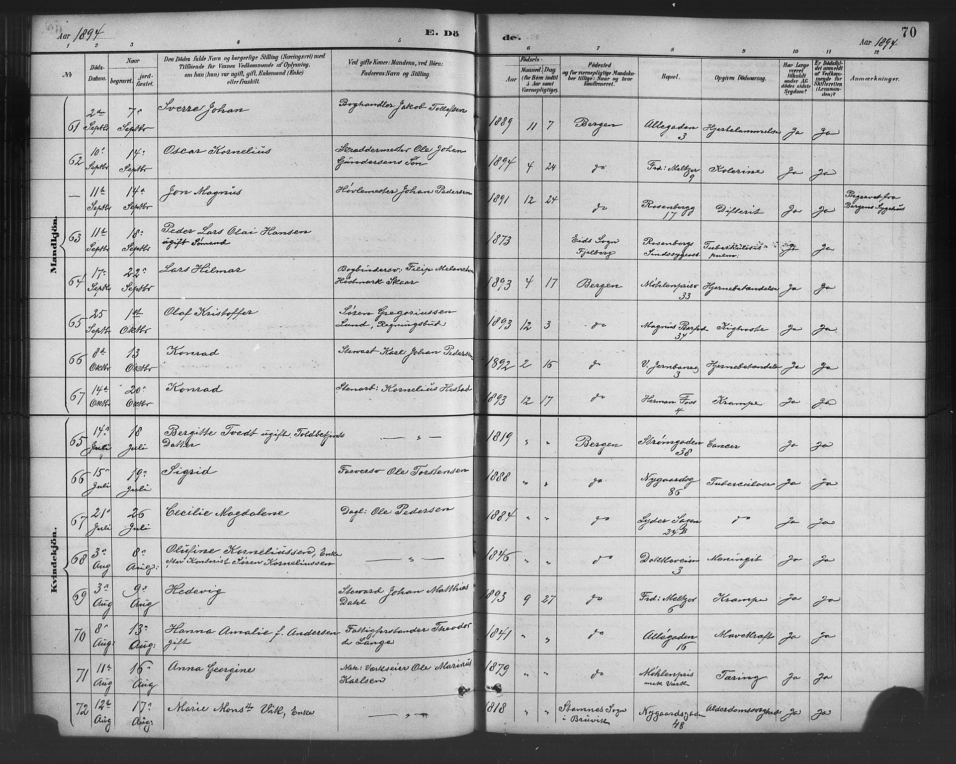 Johanneskirken sokneprestembete, AV/SAB-A-76001/H/Hab: Parish register (copy) no. D 1, 1885-1915, p. 70