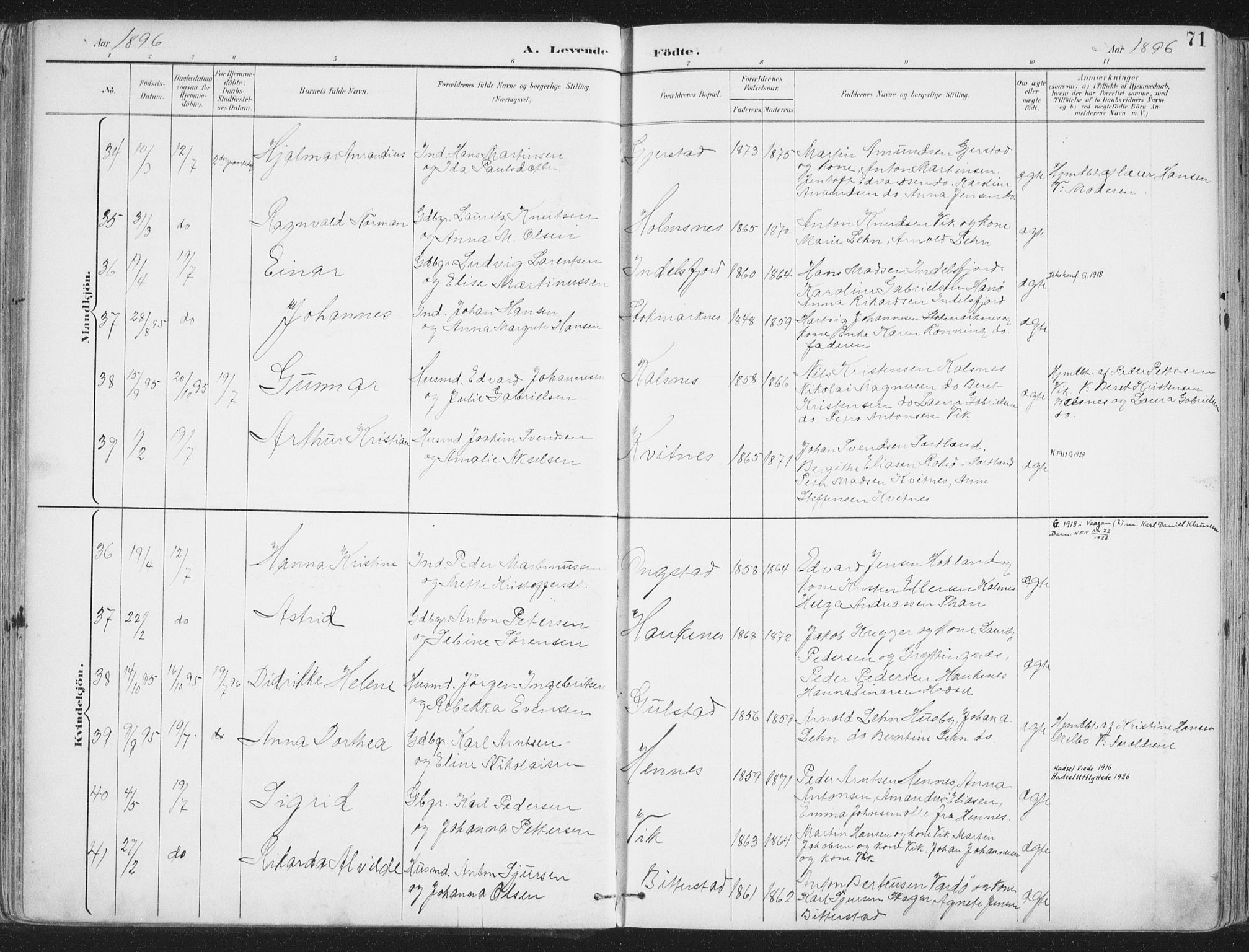 Ministerialprotokoller, klokkerbøker og fødselsregistre - Nordland, AV/SAT-A-1459/888/L1246: Parish register (official) no. 888A12, 1891-1903, p. 71