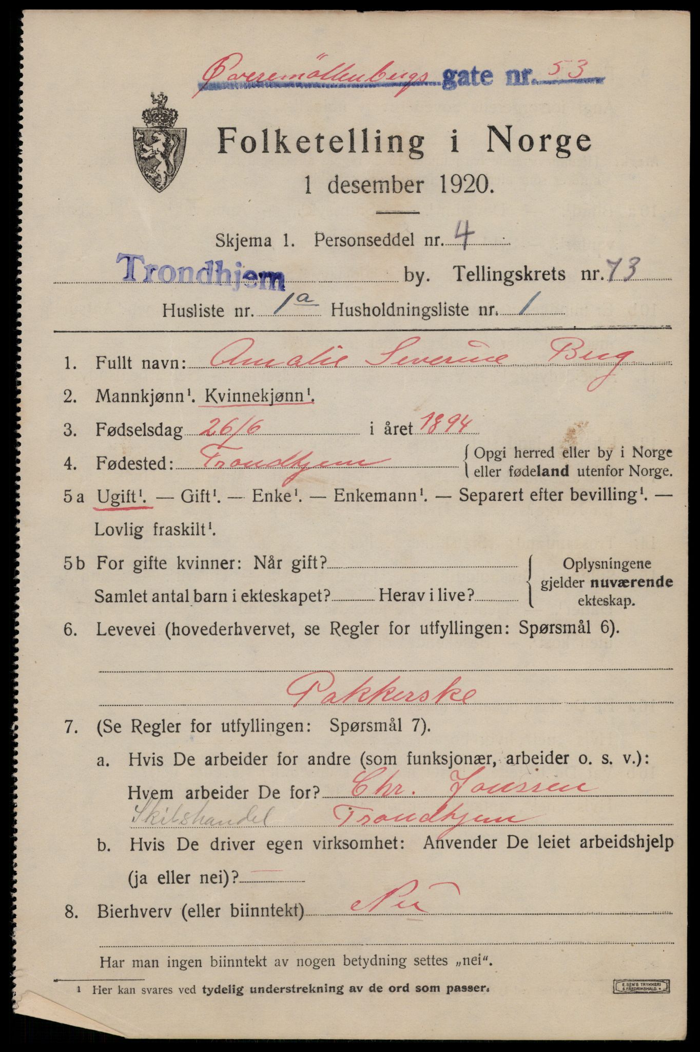 SAT, 1920 census for Trondheim, 1920, p. 142490