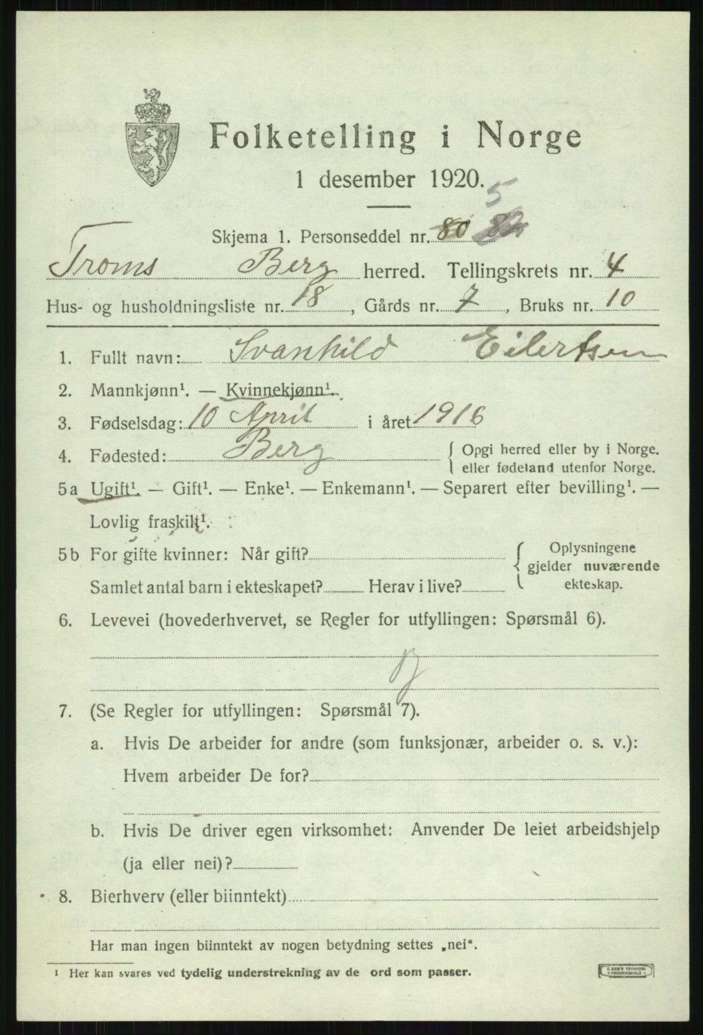 SATØ, 1920 census for Berg, 1920, p. 1698