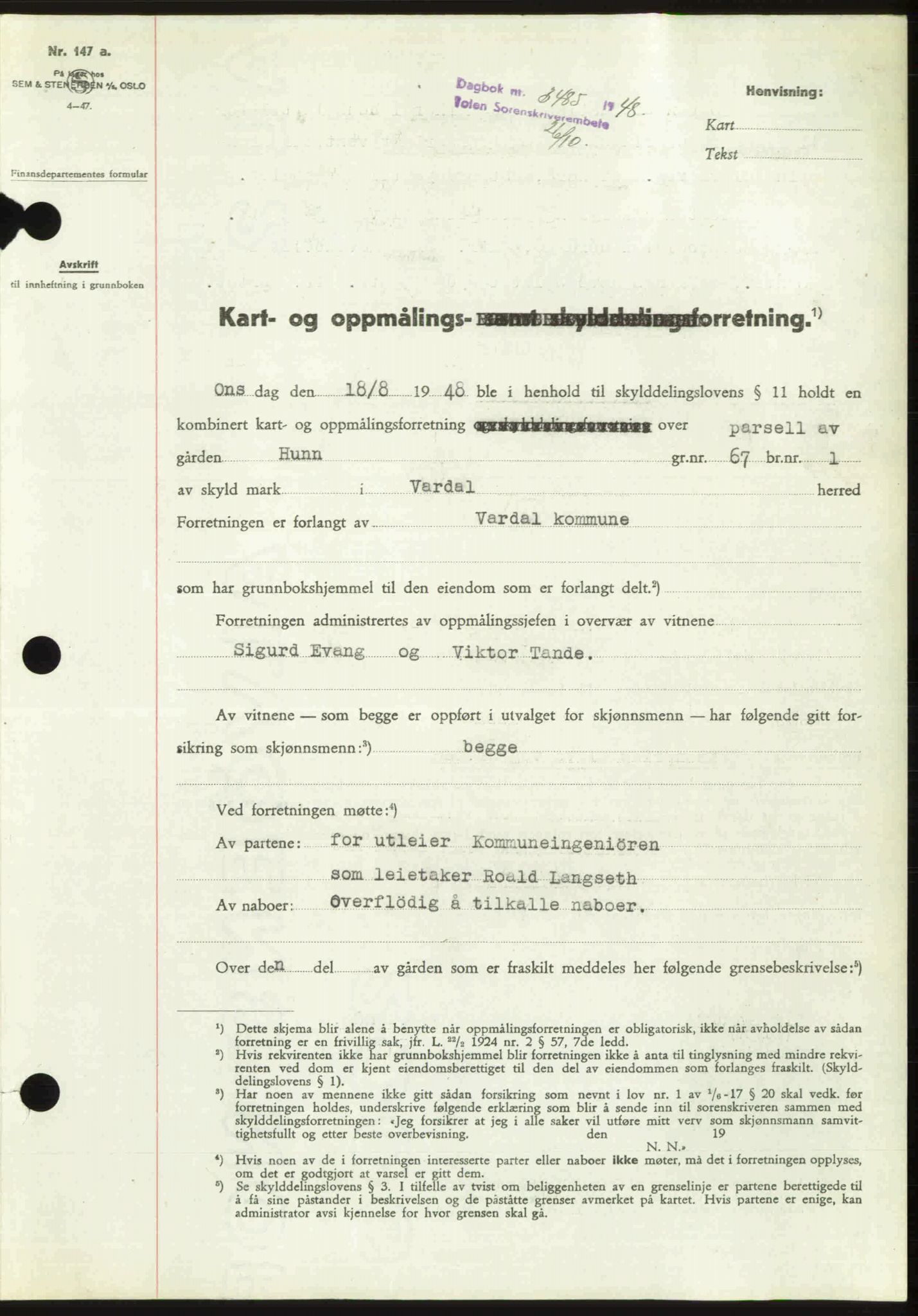 Toten tingrett, SAH/TING-006/H/Hb/Hbc/L0020: Mortgage book no. Hbc-20, 1948-1948, Diary no: : 3485/1948