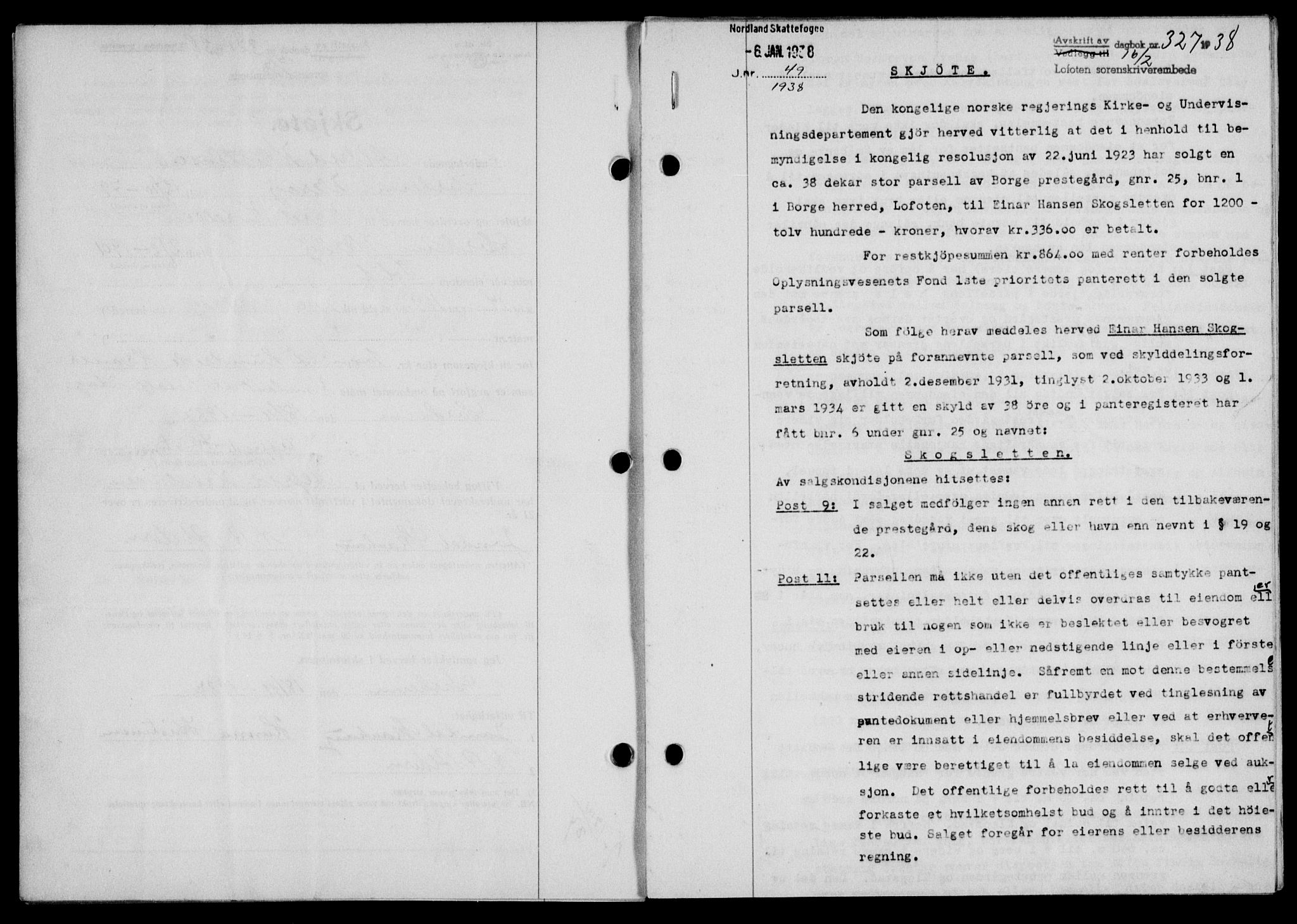 Lofoten sorenskriveri, SAT/A-0017/1/2/2C/L0003a: Mortgage book no. 3a, 1937-1938, Diary no: : 327/1938