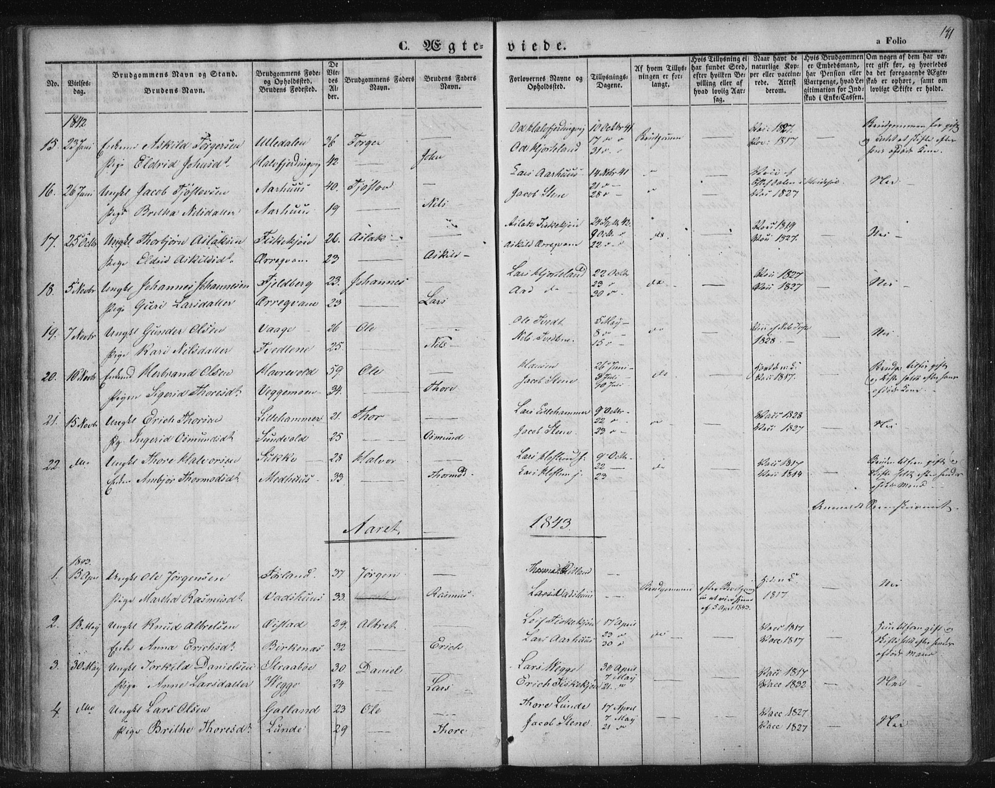 Suldal sokneprestkontor, SAST/A-101845/01/IV/L0008: Parish register (official) no. A 8, 1836-1853, p. 141