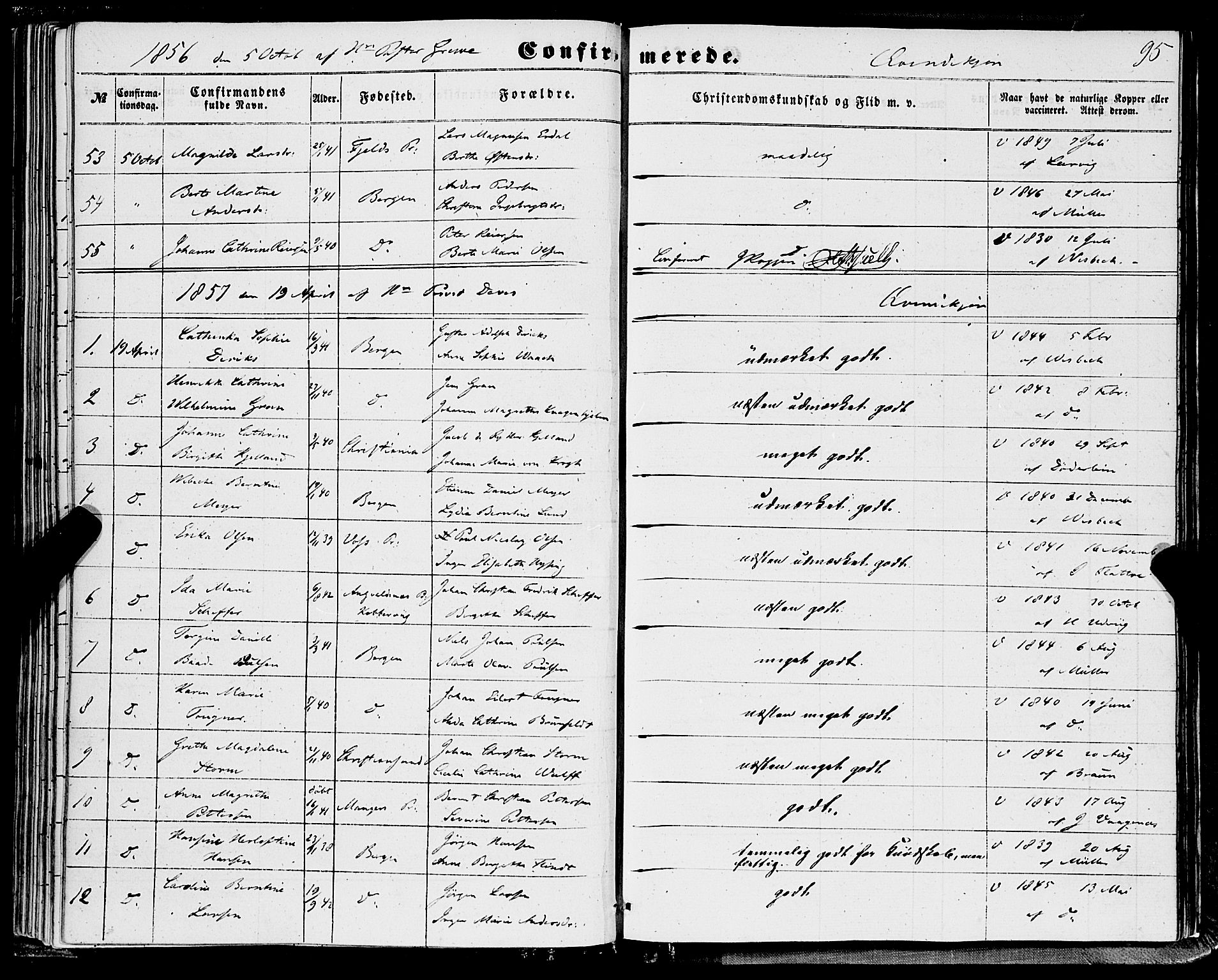 Domkirken sokneprestembete, SAB/A-74801/H/Haa/L0028: Parish register (official) no. C 3, 1852-1864, p. 95