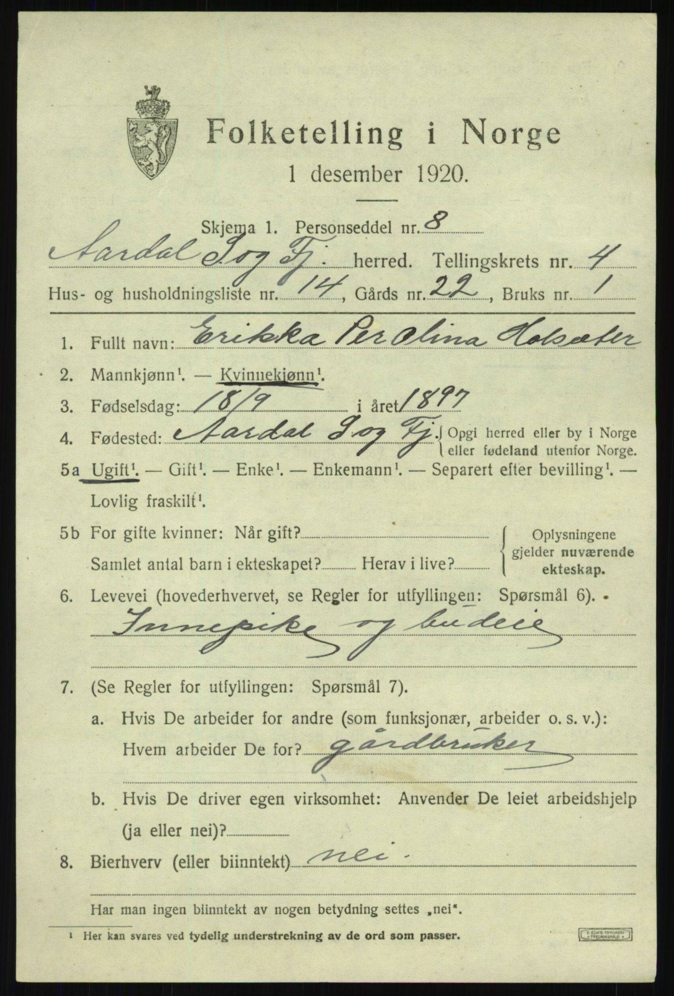 SAB, 1920 census for Årdal, 1920, p. 2775