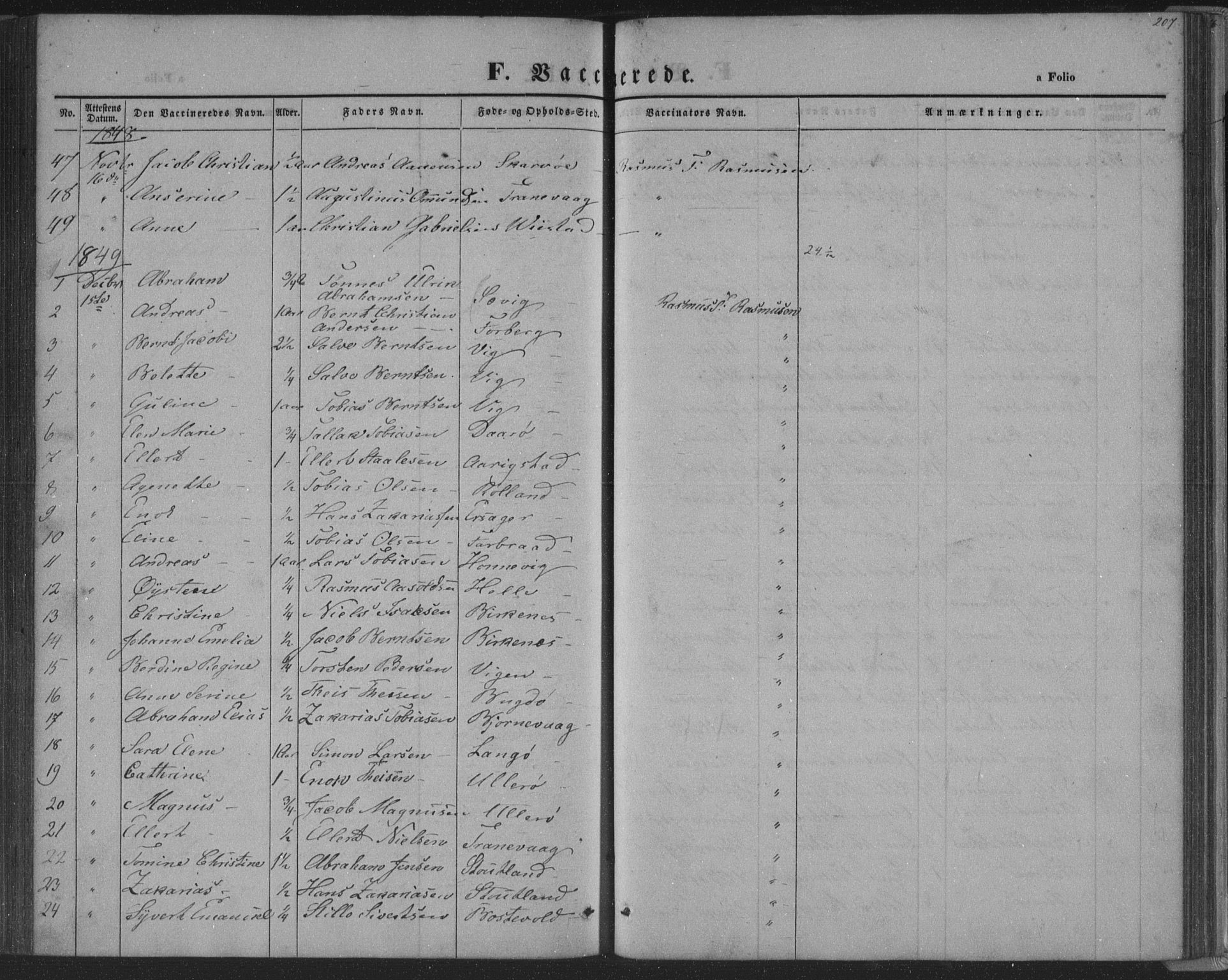 Herad sokneprestkontor, SAK/1111-0018/F/Fa/Fab/L0003: Parish register (official) no. A 3, 1844-1853, p. 207