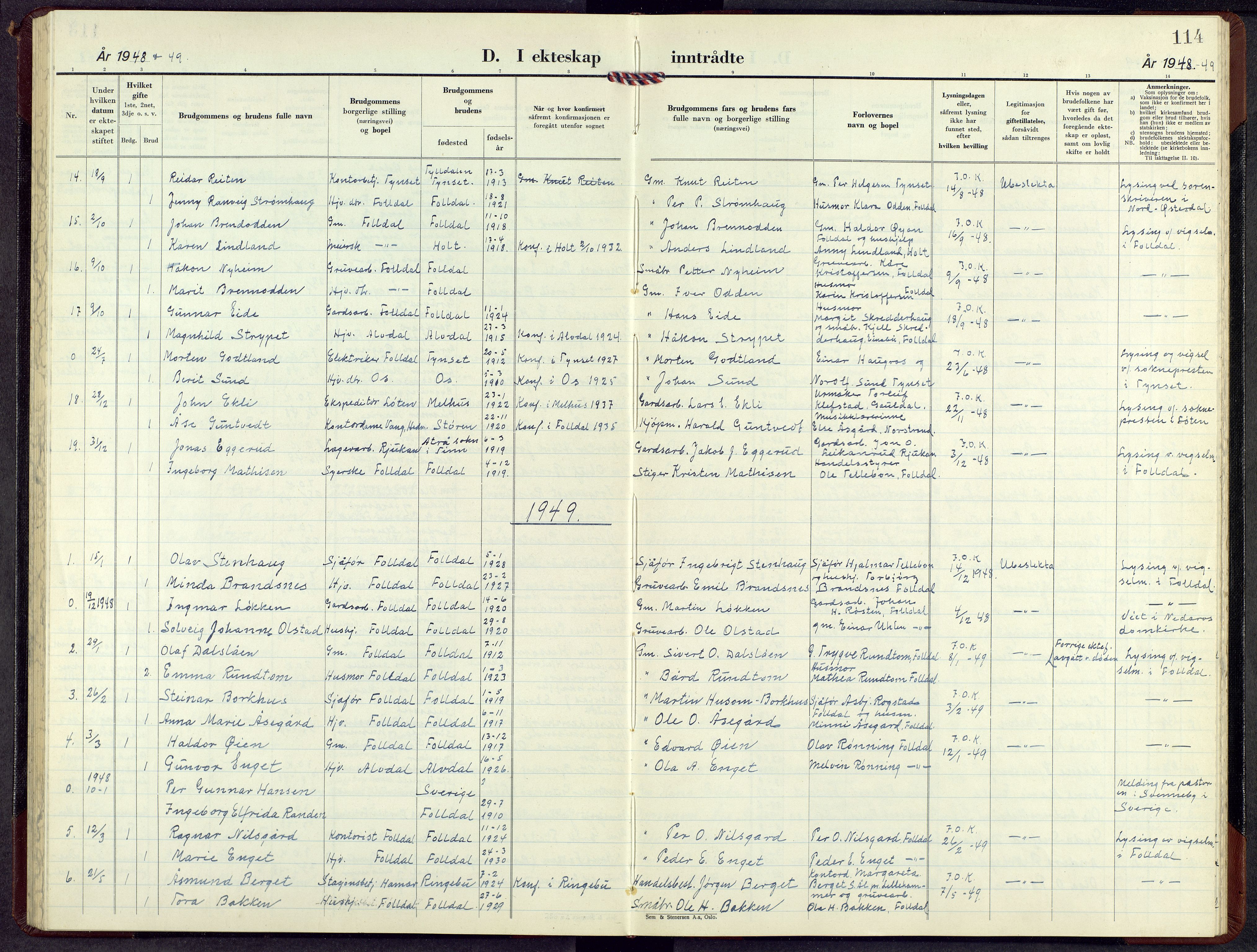 Alvdal prestekontor, SAH/PREST-060/H/Ha/Hab/L0010: Parish register (copy) no. 10, 1947-1965, p. 113b-114a