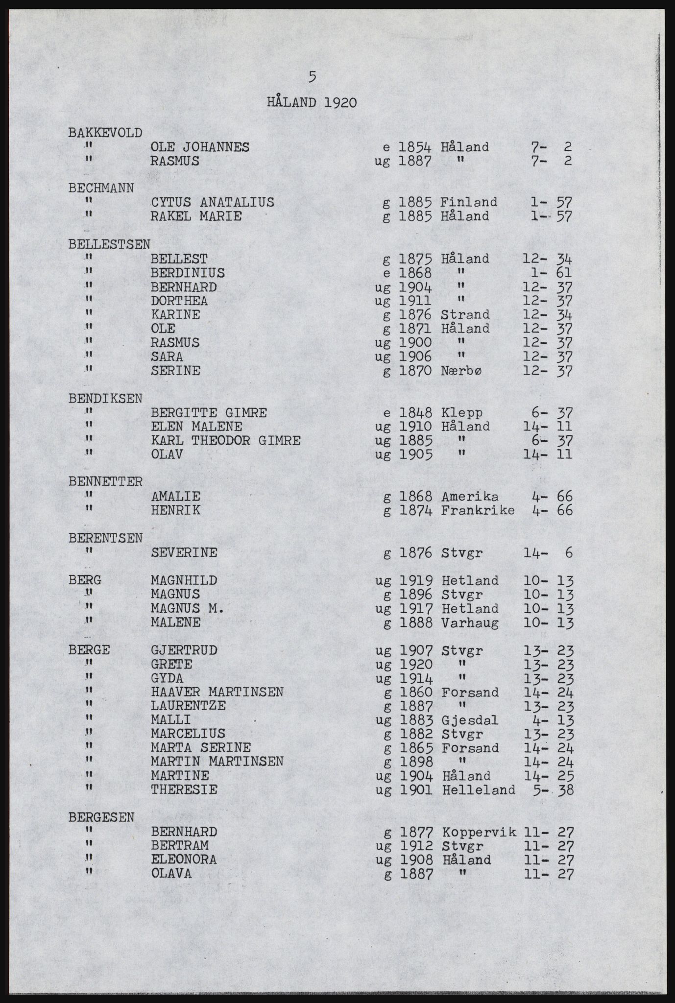 SAST, Copy of 1920 census for Håland, 1920, p. 139