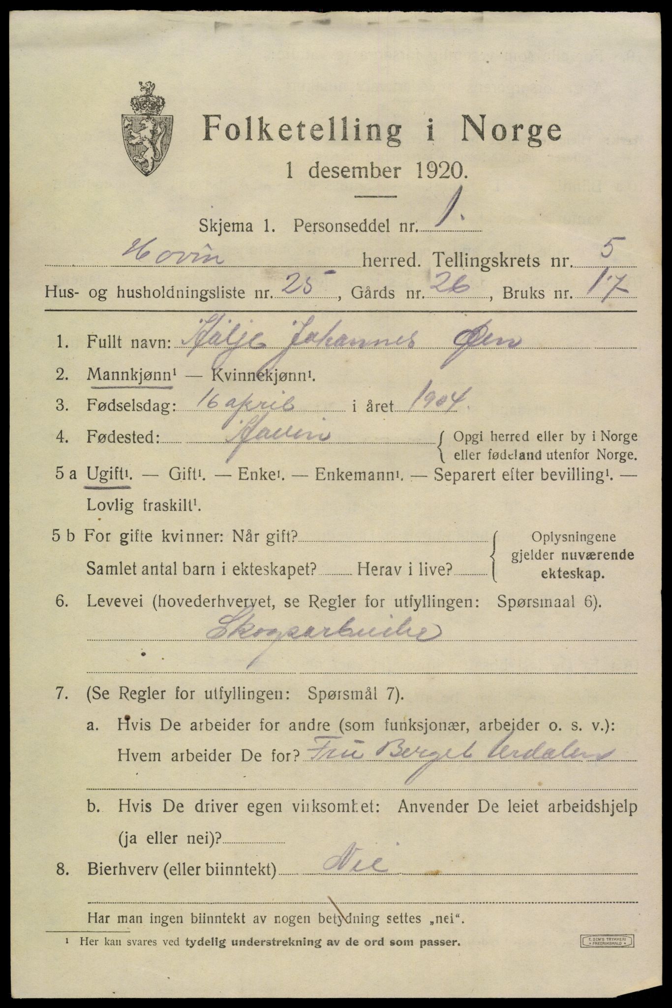 SAKO, 1920 census for Hovin, 1920, p. 1687