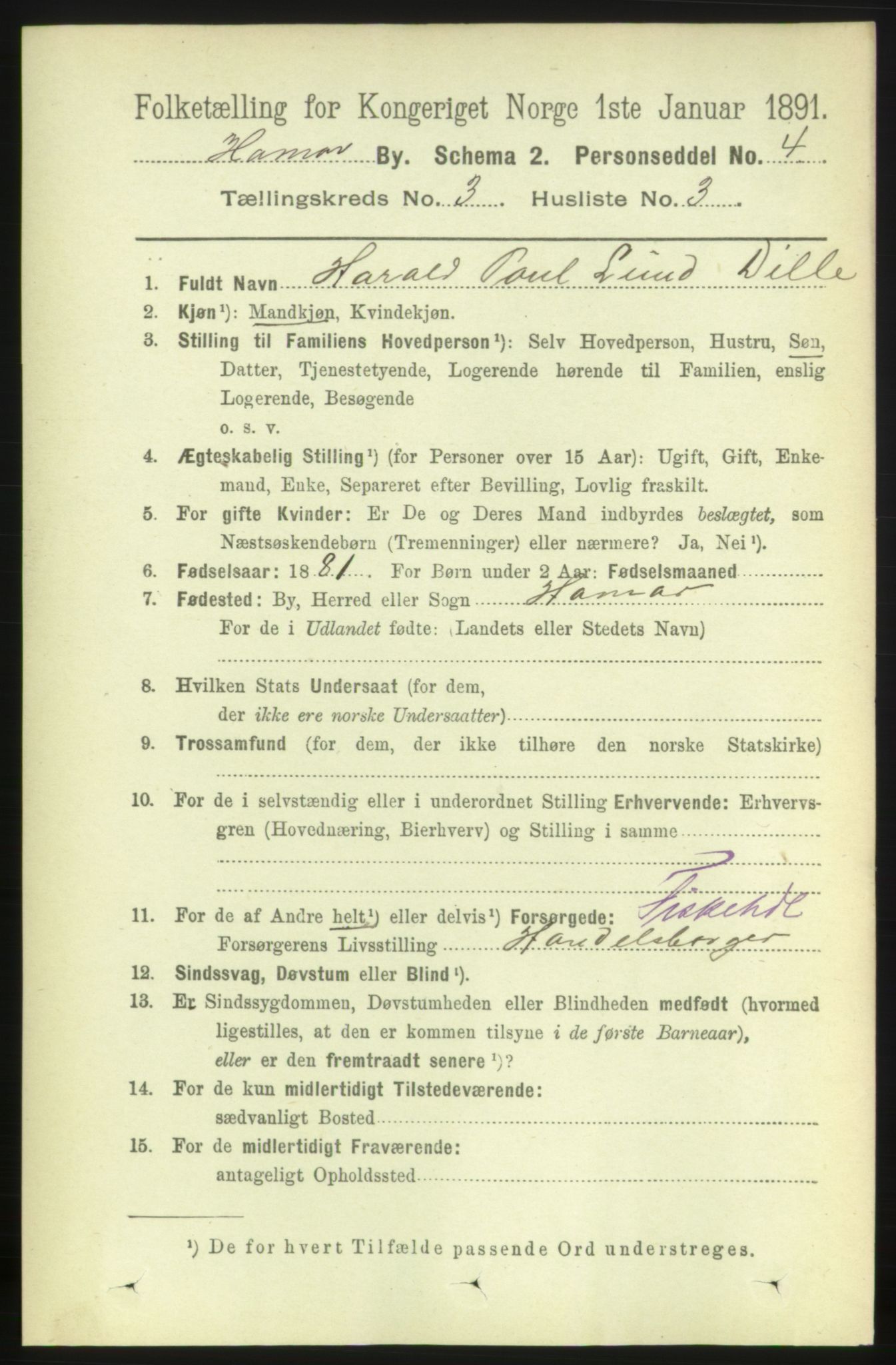 RA, 1891 census for 0401 Hamar, 1891, p. 1728