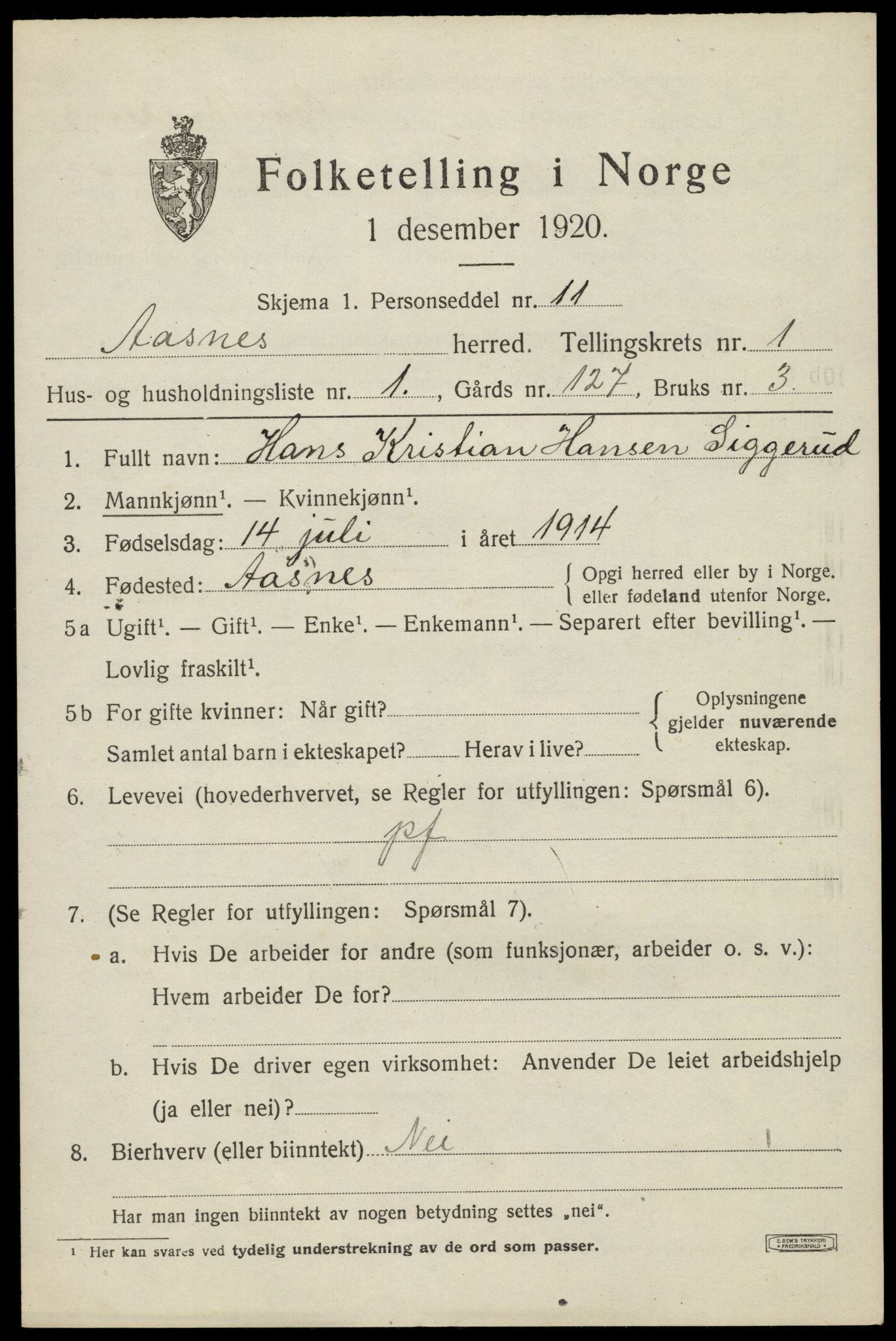 SAH, 1920 census for Åsnes, 1920, p. 2154