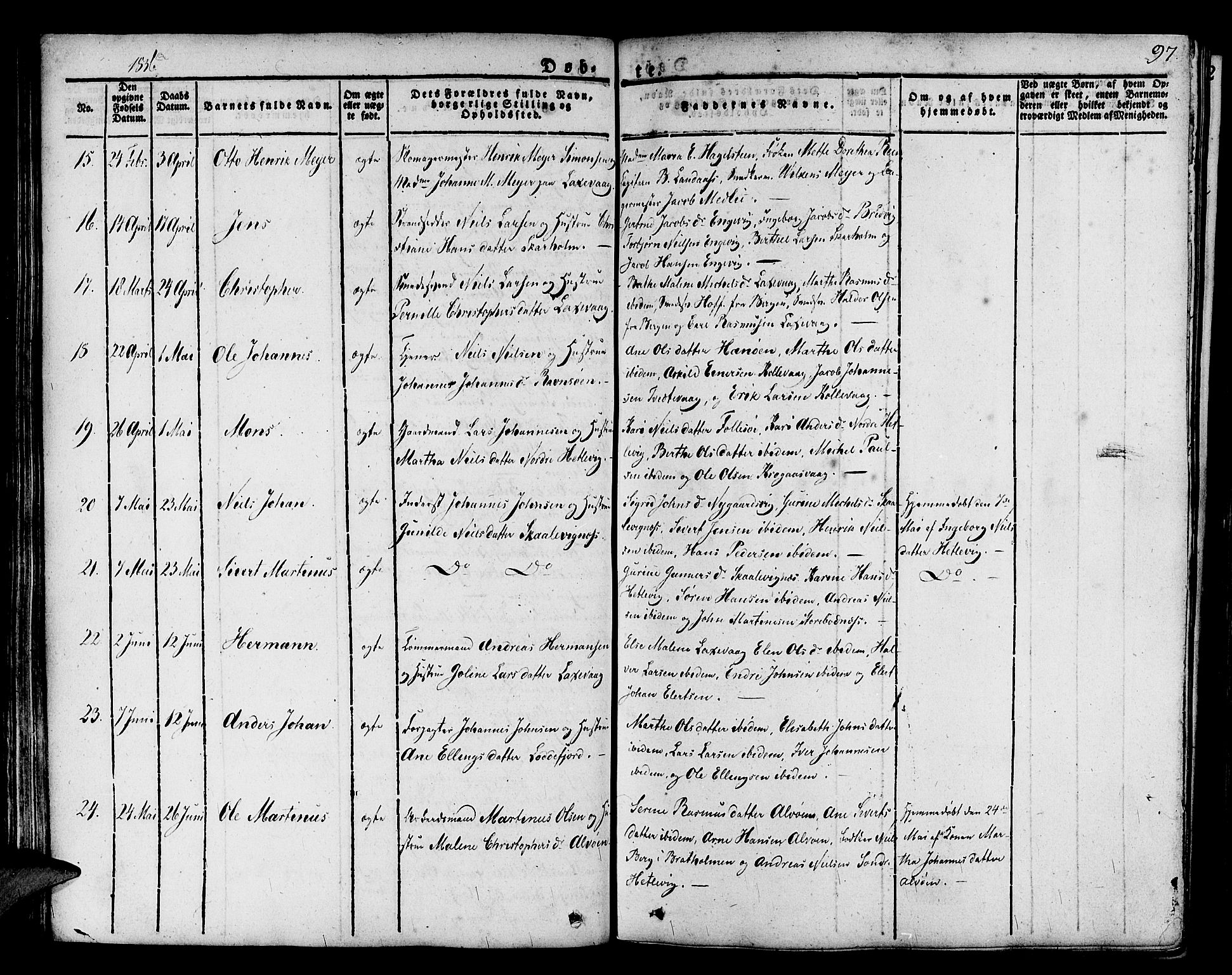 Askøy Sokneprestembete, SAB/A-74101/H/Ha/Haa/Haaa/L0004: Parish register (official) no. A 4, 1825-1845, p. 97