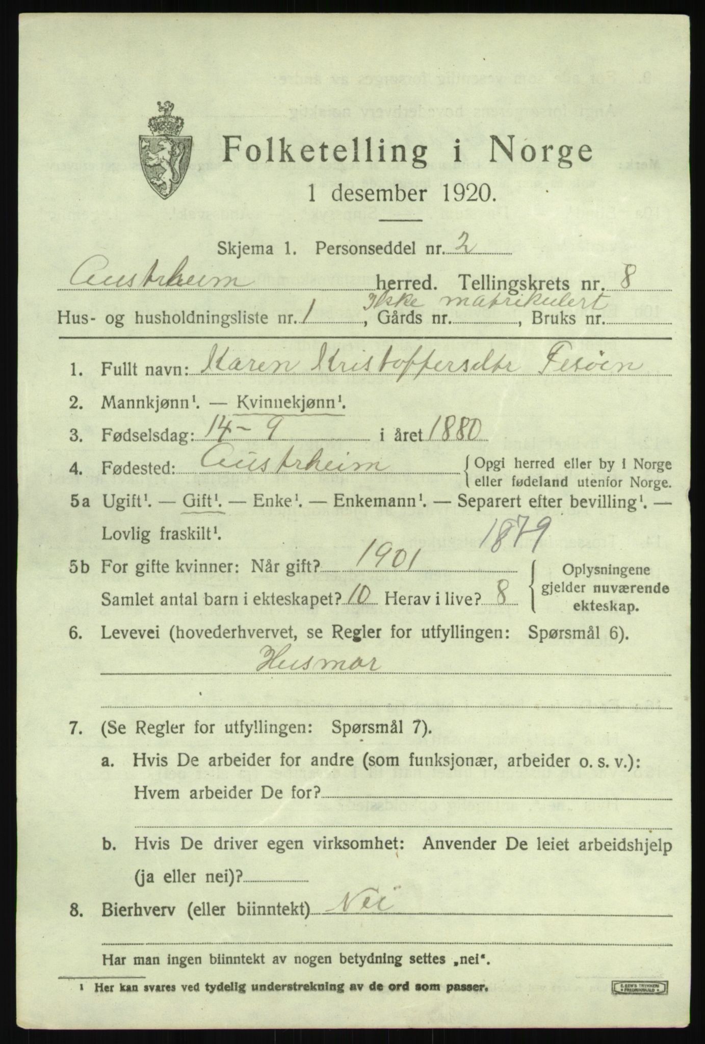 SAB, 1920 census for Austrheim, 1920, p. 2942