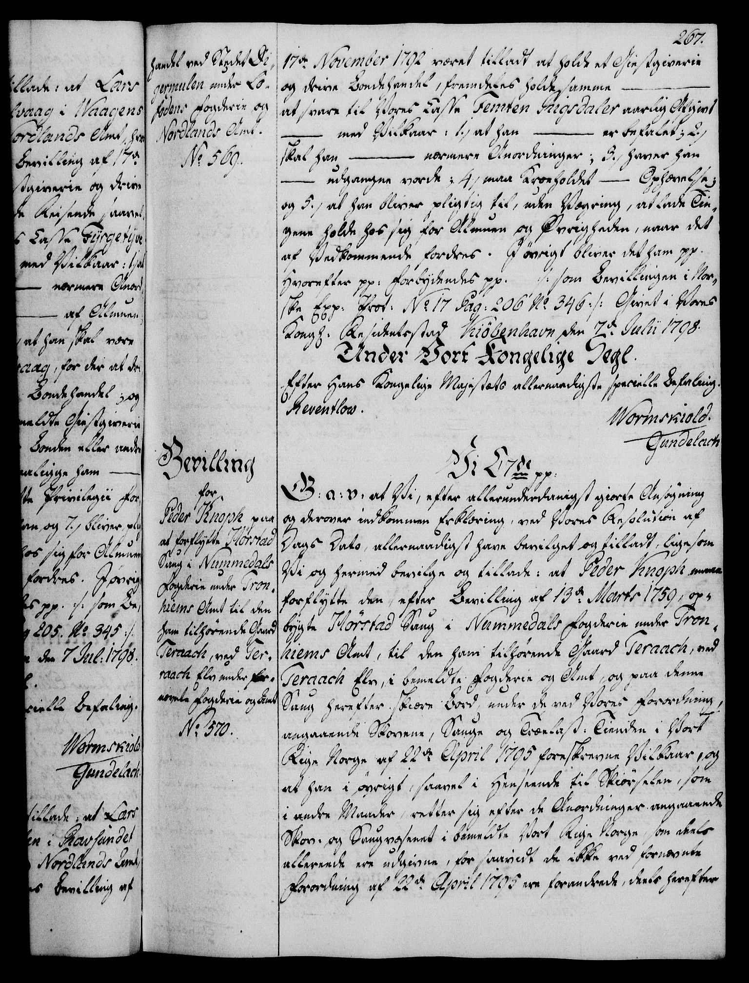 Rentekammeret, Kammerkanselliet, AV/RA-EA-3111/G/Gg/Gga/L0016: Norsk ekspedisjonsprotokoll med register (merket RK 53.16), 1794-1800, p. 267