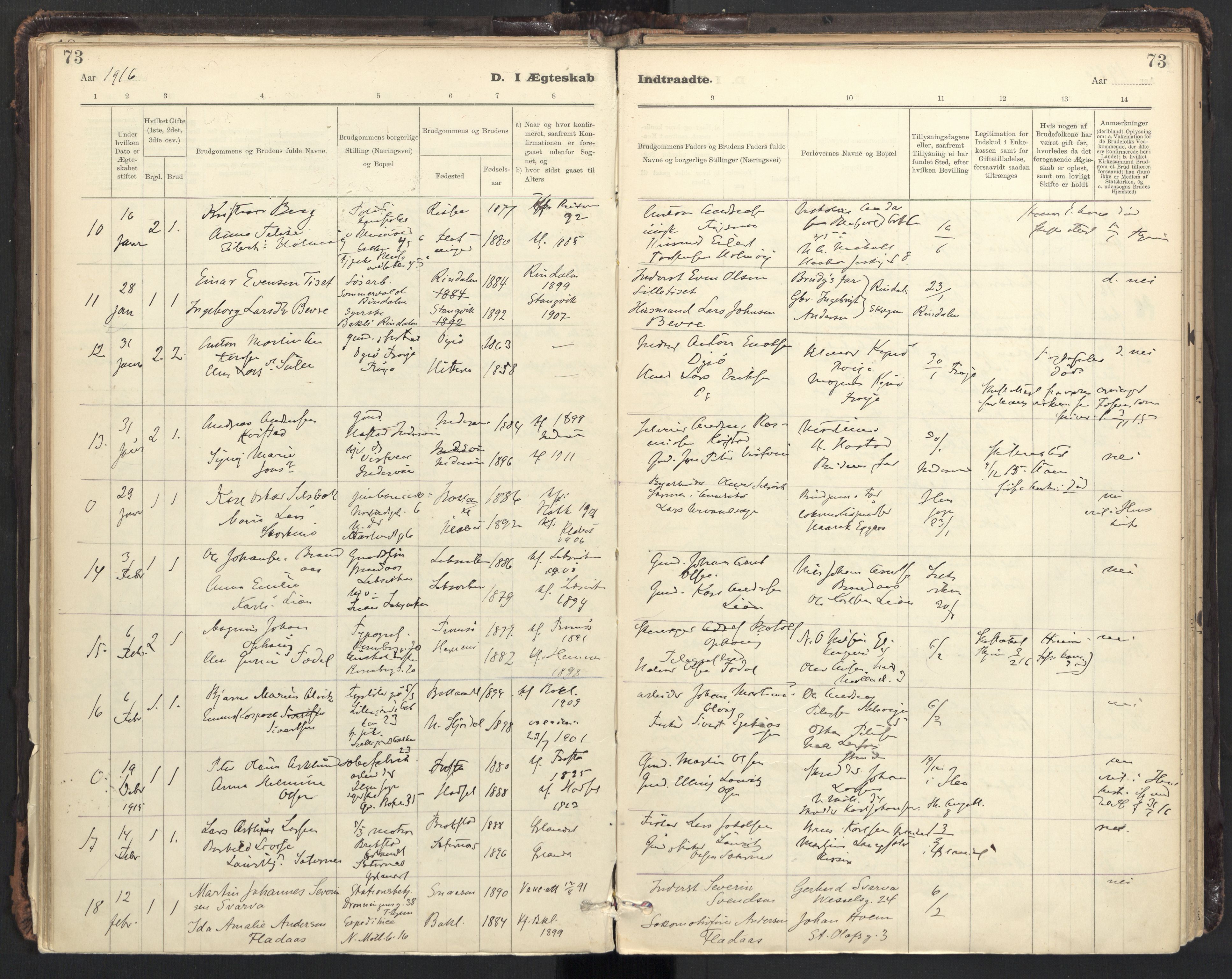 Ministerialprotokoller, klokkerbøker og fødselsregistre - Sør-Trøndelag, SAT/A-1456/604/L0204: Parish register (official) no. 604A24, 1911-1920, p. 73