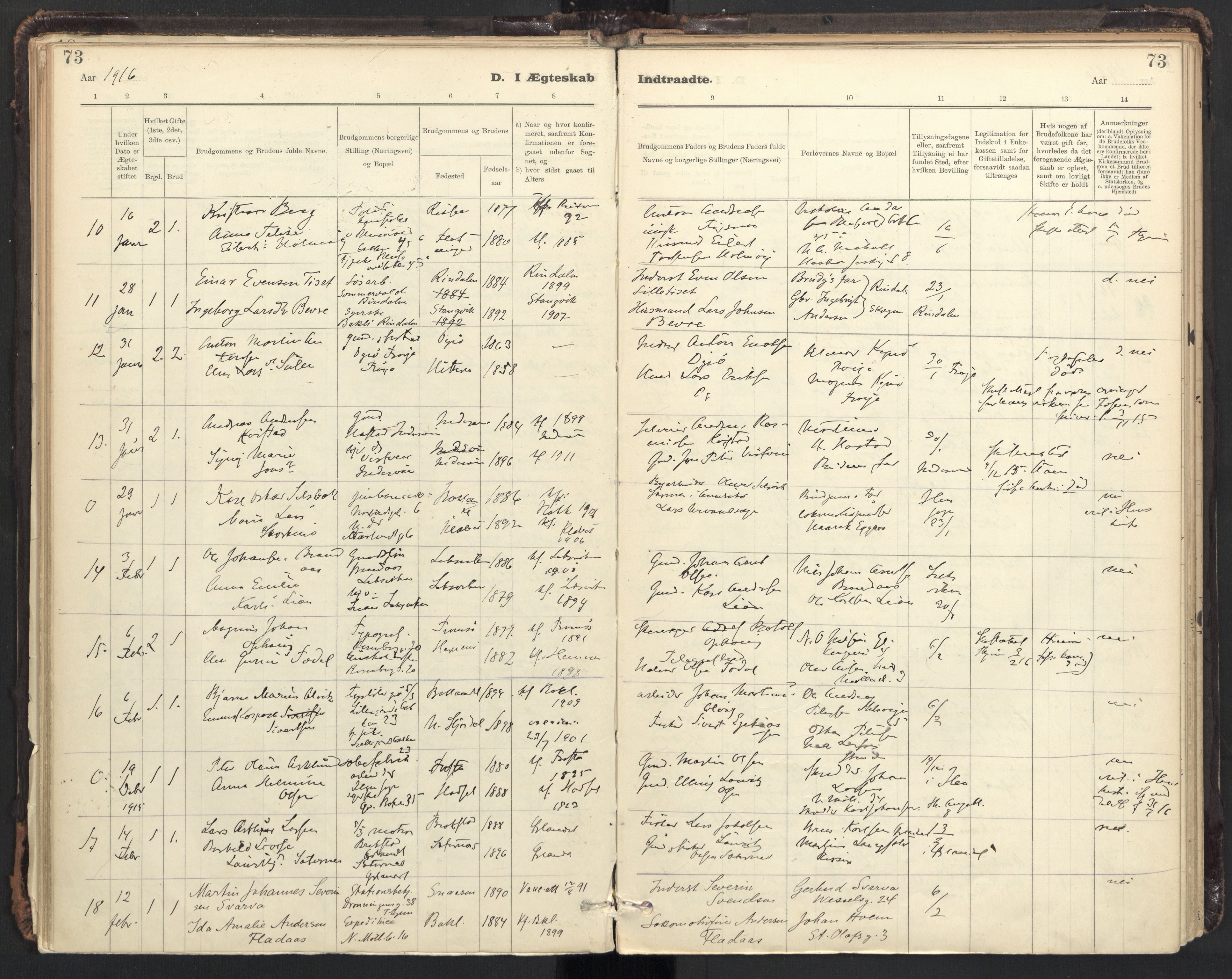 Ministerialprotokoller, klokkerbøker og fødselsregistre - Sør-Trøndelag, AV/SAT-A-1456/604/L0204: Parish register (official) no. 604A24, 1911-1920, p. 73