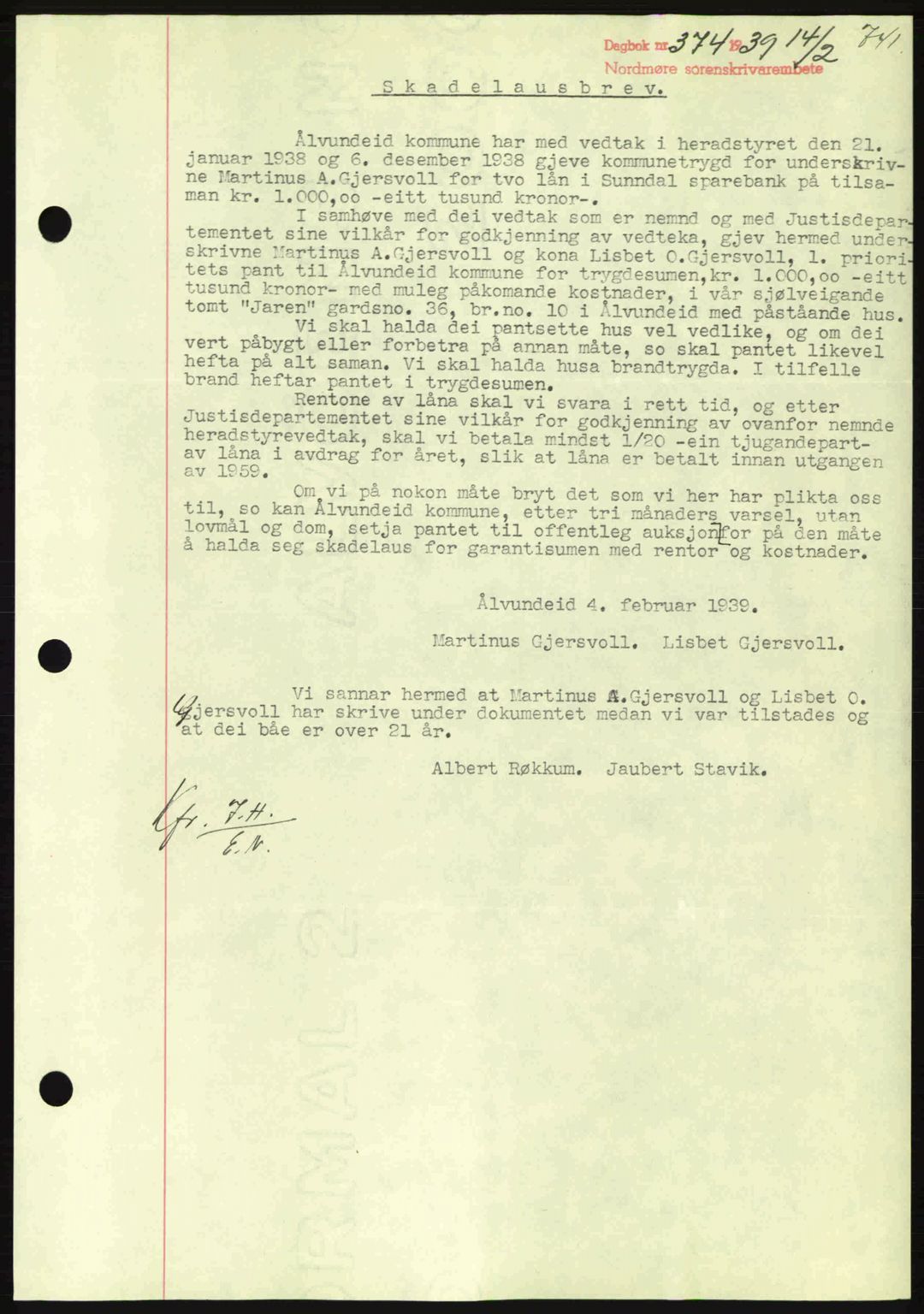 Nordmøre sorenskriveri, SAT/A-4132/1/2/2Ca: Mortgage book no. B84, 1938-1939, Diary no: : 374/1939