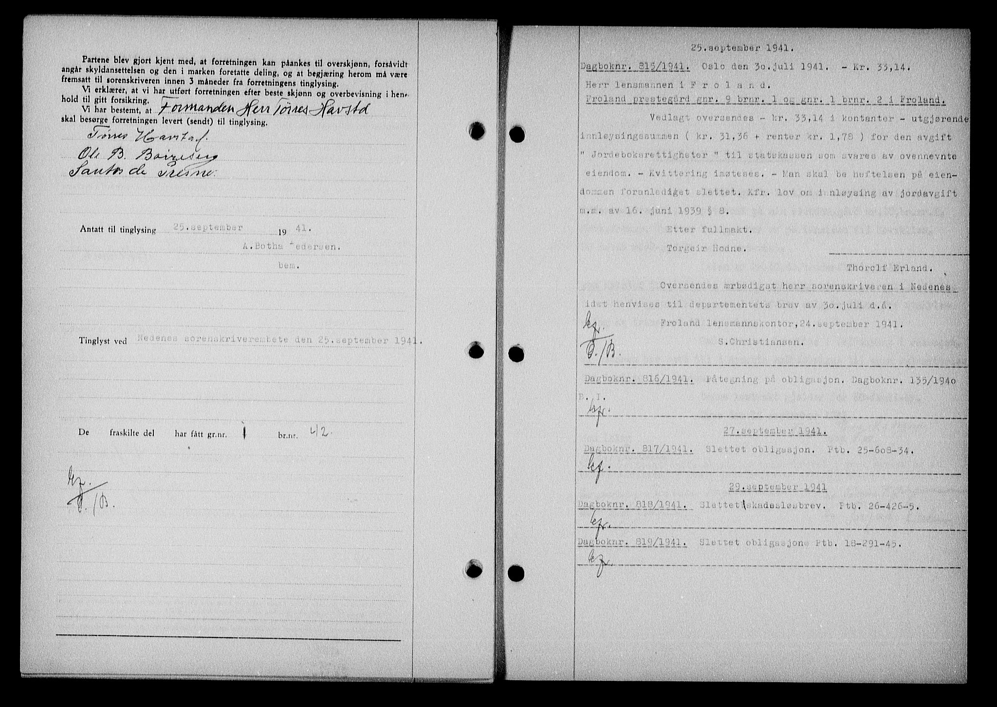 Nedenes sorenskriveri, AV/SAK-1221-0006/G/Gb/Gba/L0048: Mortgage book no. A-II, 1940-1941, Diary no: : 815/1941