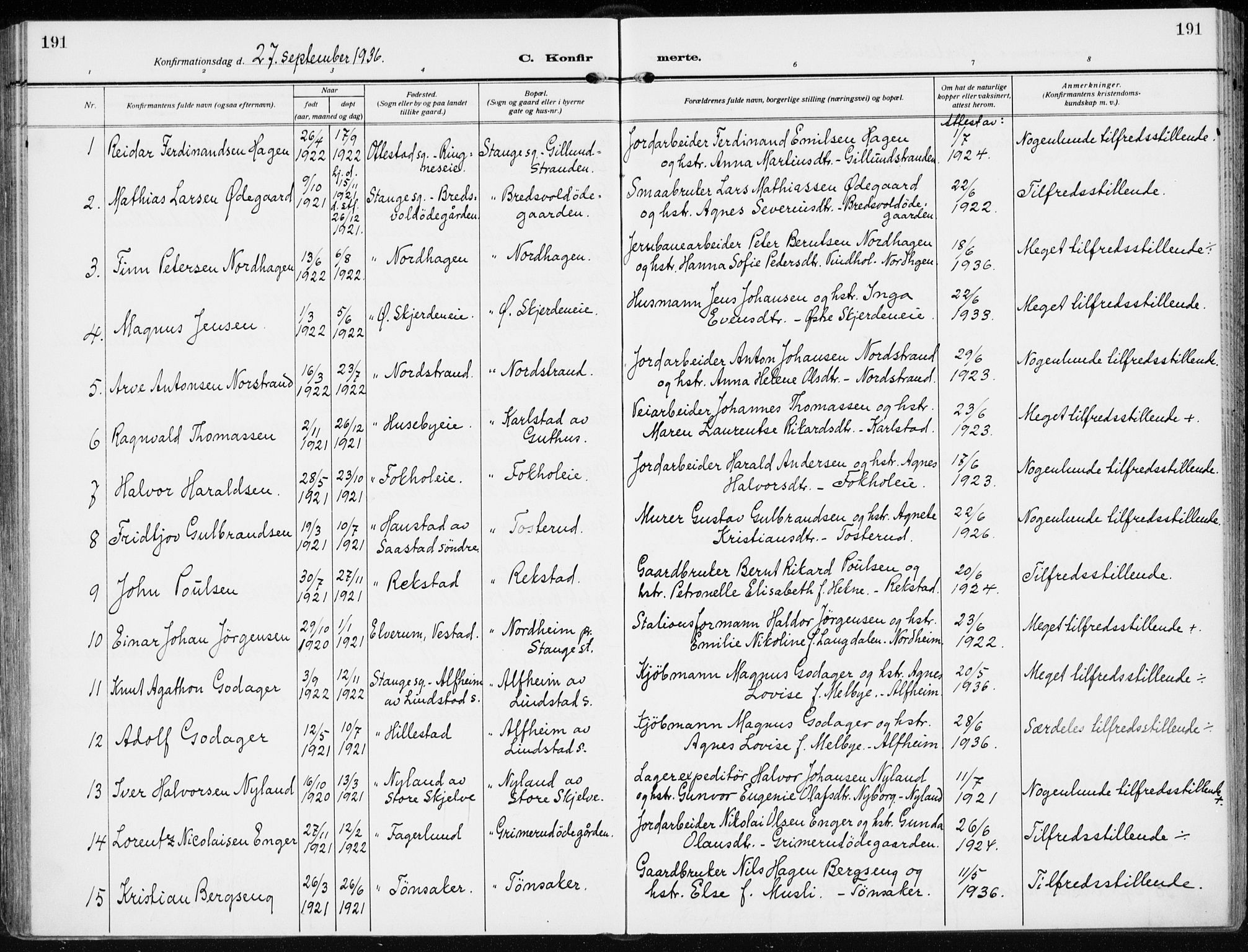 Stange prestekontor, AV/SAH-PREST-002/K/L0026: Parish register (official) no. 26, 1923-1937, p. 191