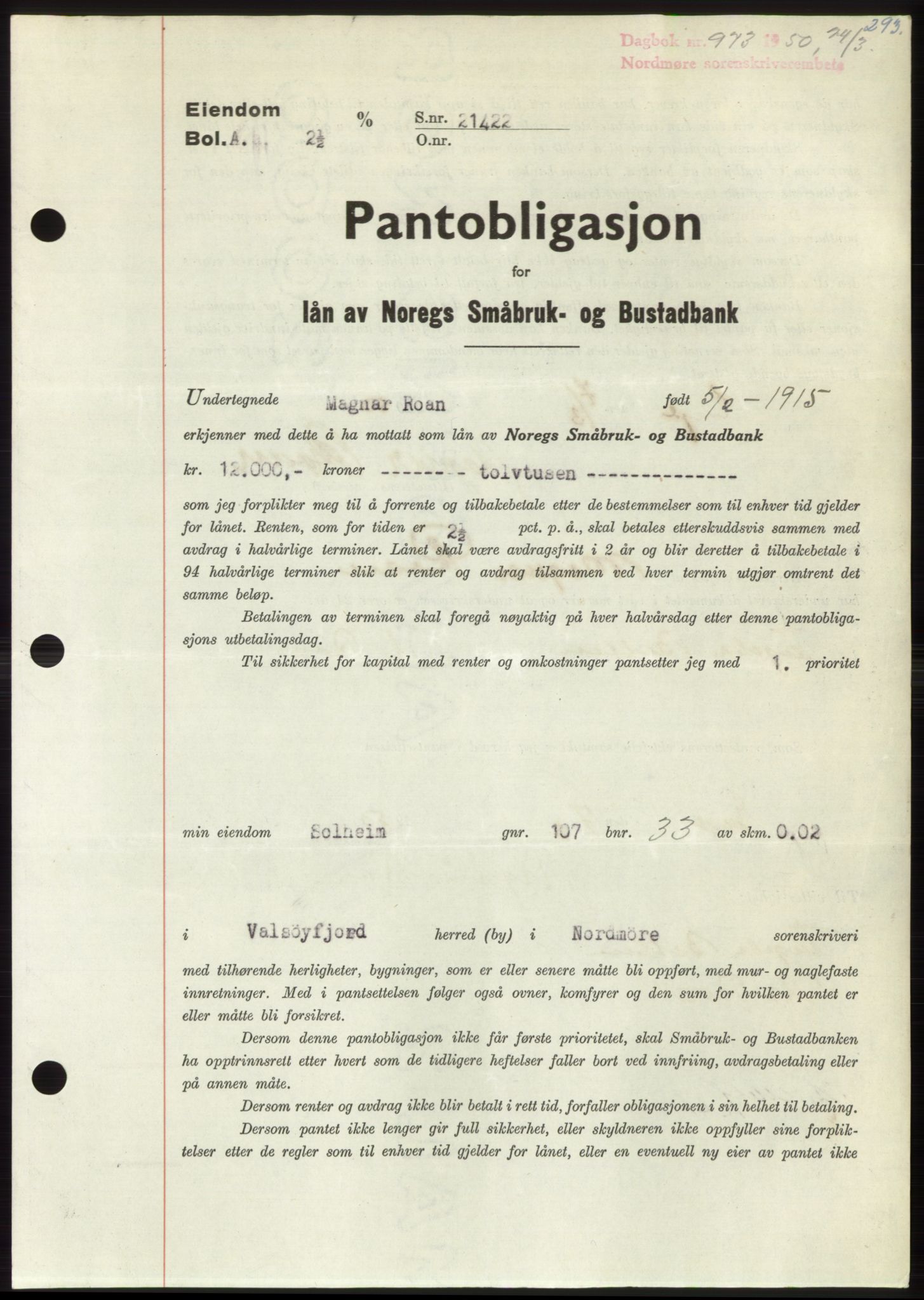 Nordmøre sorenskriveri, AV/SAT-A-4132/1/2/2Ca: Mortgage book no. B104, 1950-1950, Diary no: : 973/1950