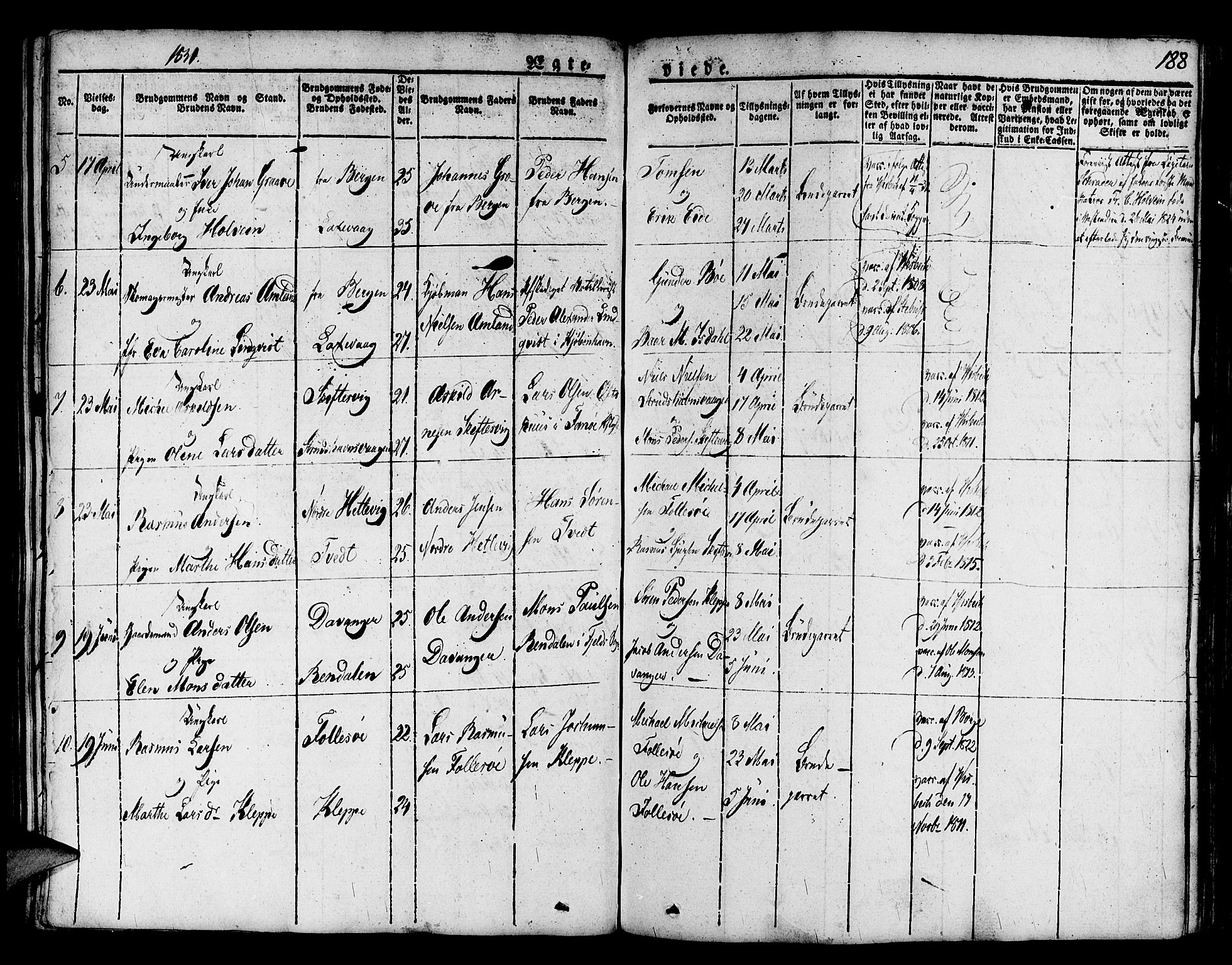 Askøy Sokneprestembete, SAB/A-74101/H/Ha/Haa/Haaa/L0004: Parish register (official) no. A 4, 1825-1845, p. 188