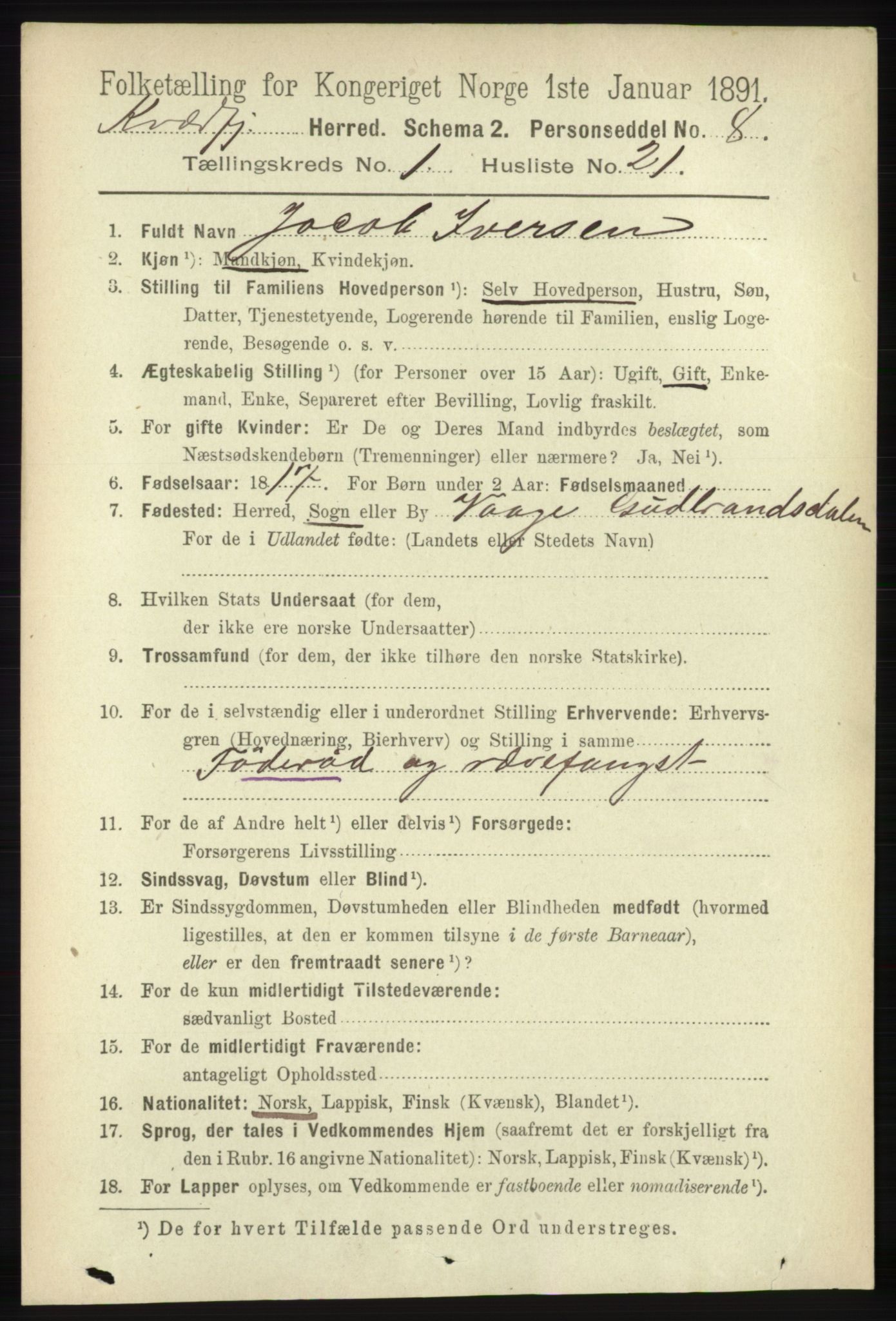 RA, 1891 census for 1911 Kvæfjord, 1891, p. 237