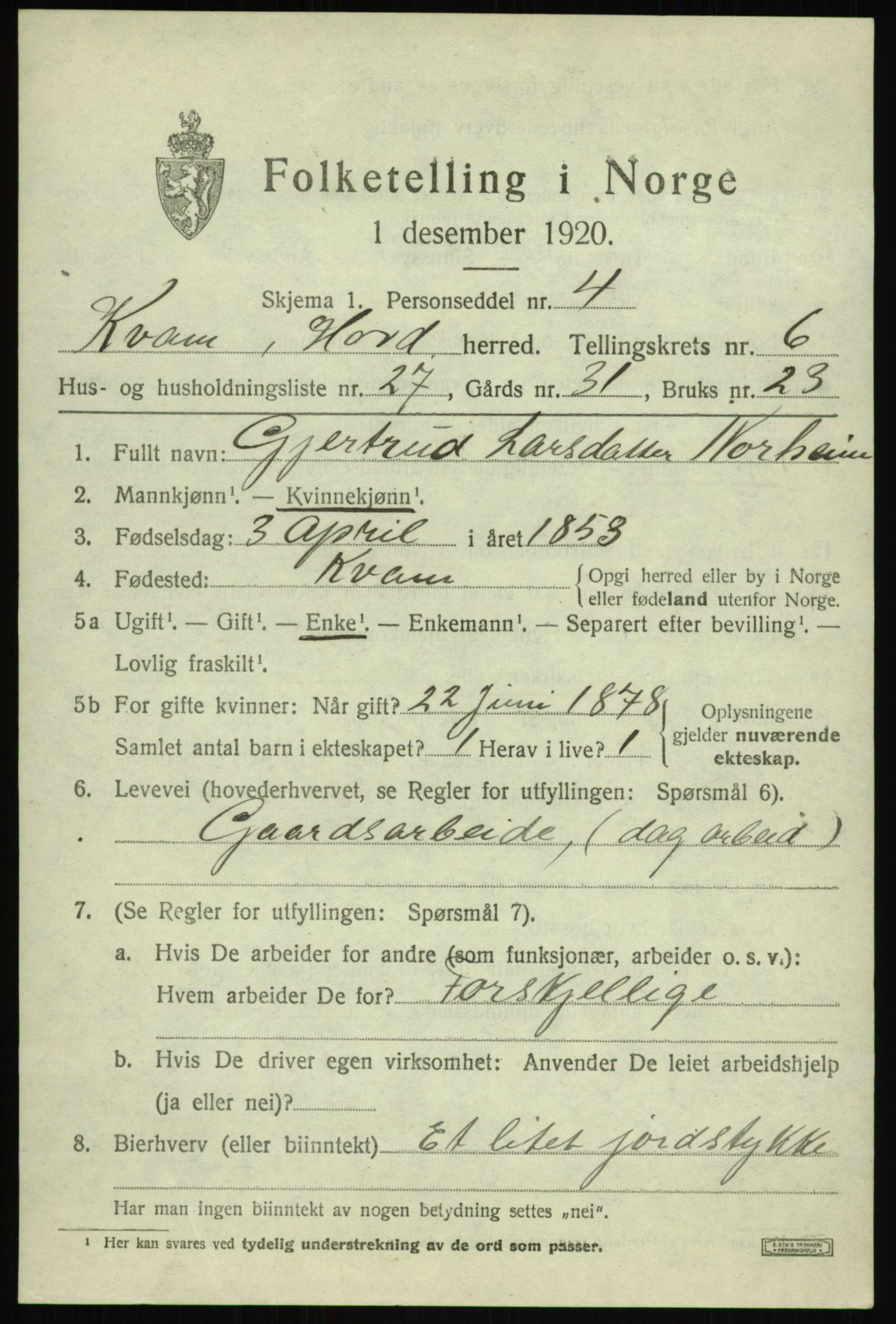 SAB, 1920 census for Kvam, 1920, p. 4675