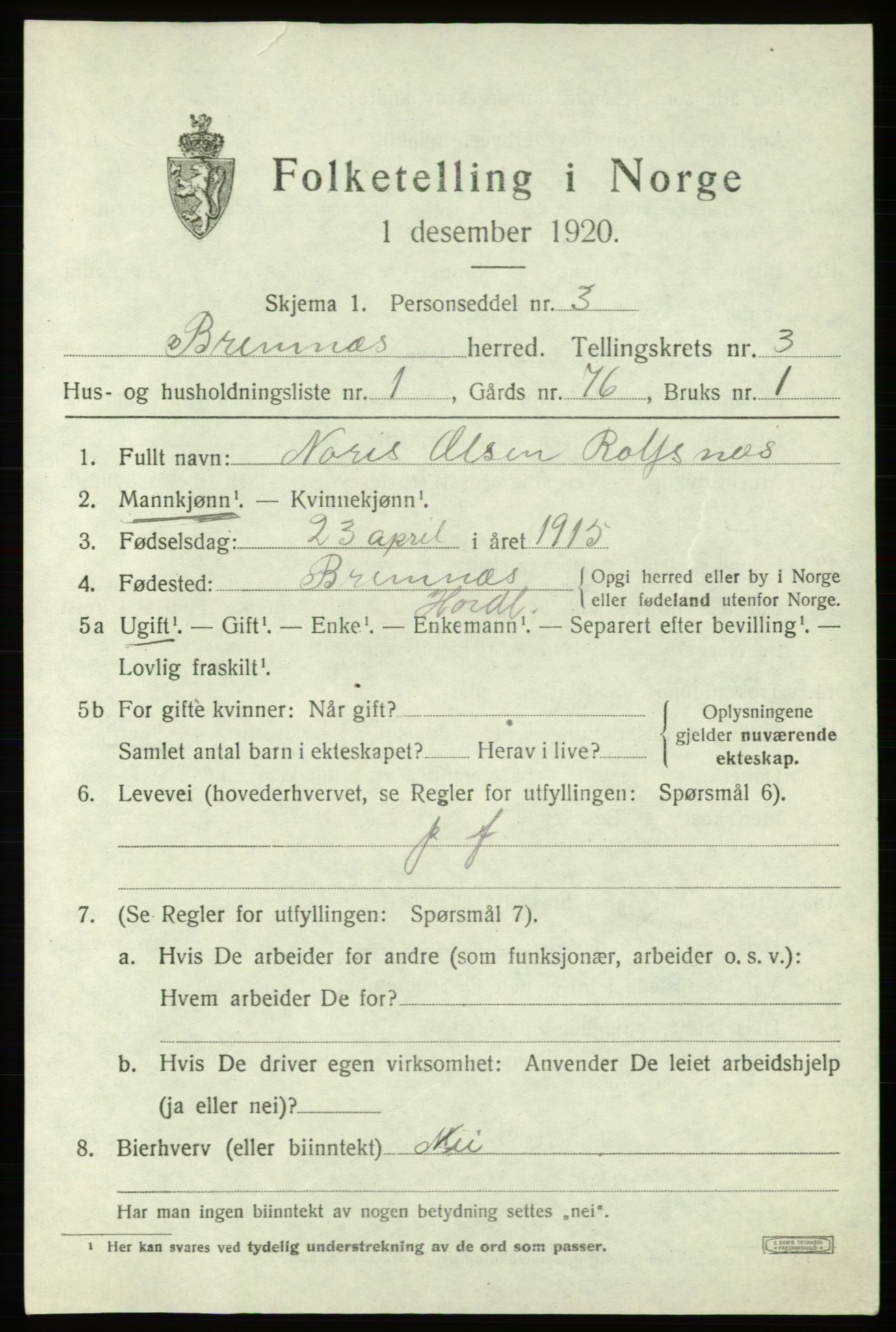 SAB, 1920 census for Bremnes, 1920, p. 1558