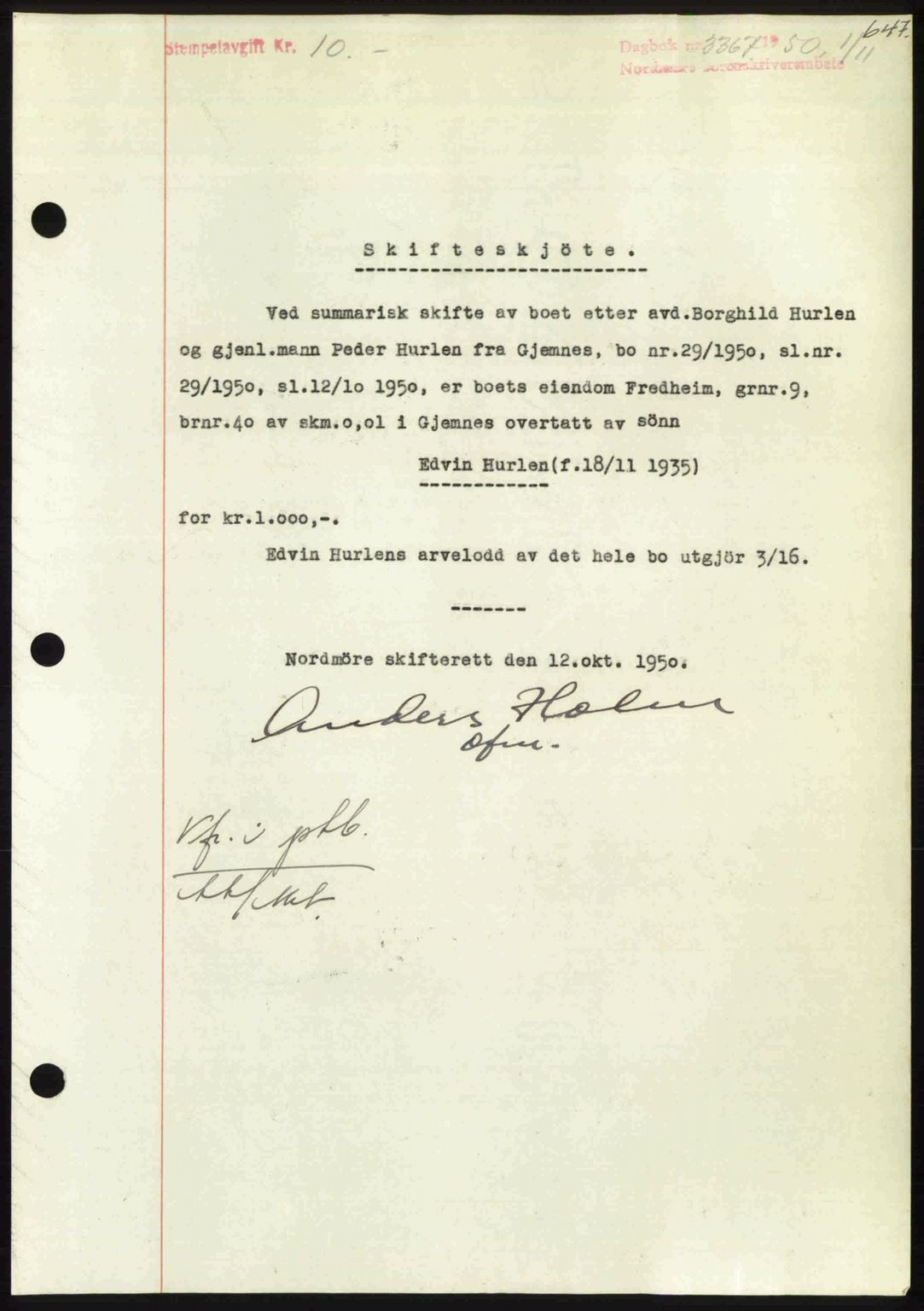 Nordmøre sorenskriveri, AV/SAT-A-4132/1/2/2Ca: Mortgage book no. A116, 1950-1950, Diary no: : 3367/1950