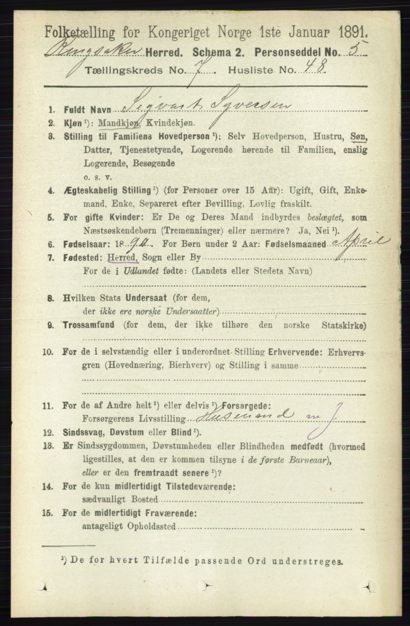 RA, 1891 census for 0412 Ringsaker, 1891, p. 4223