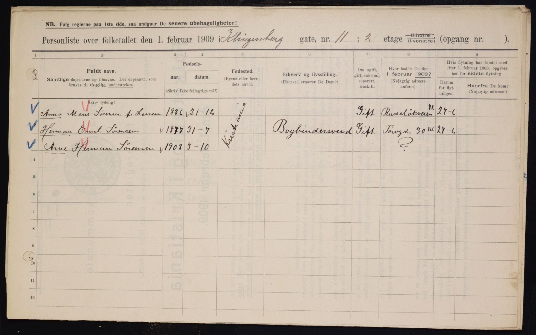 OBA, Municipal Census 1909 for Kristiania, 1909, p. 47576