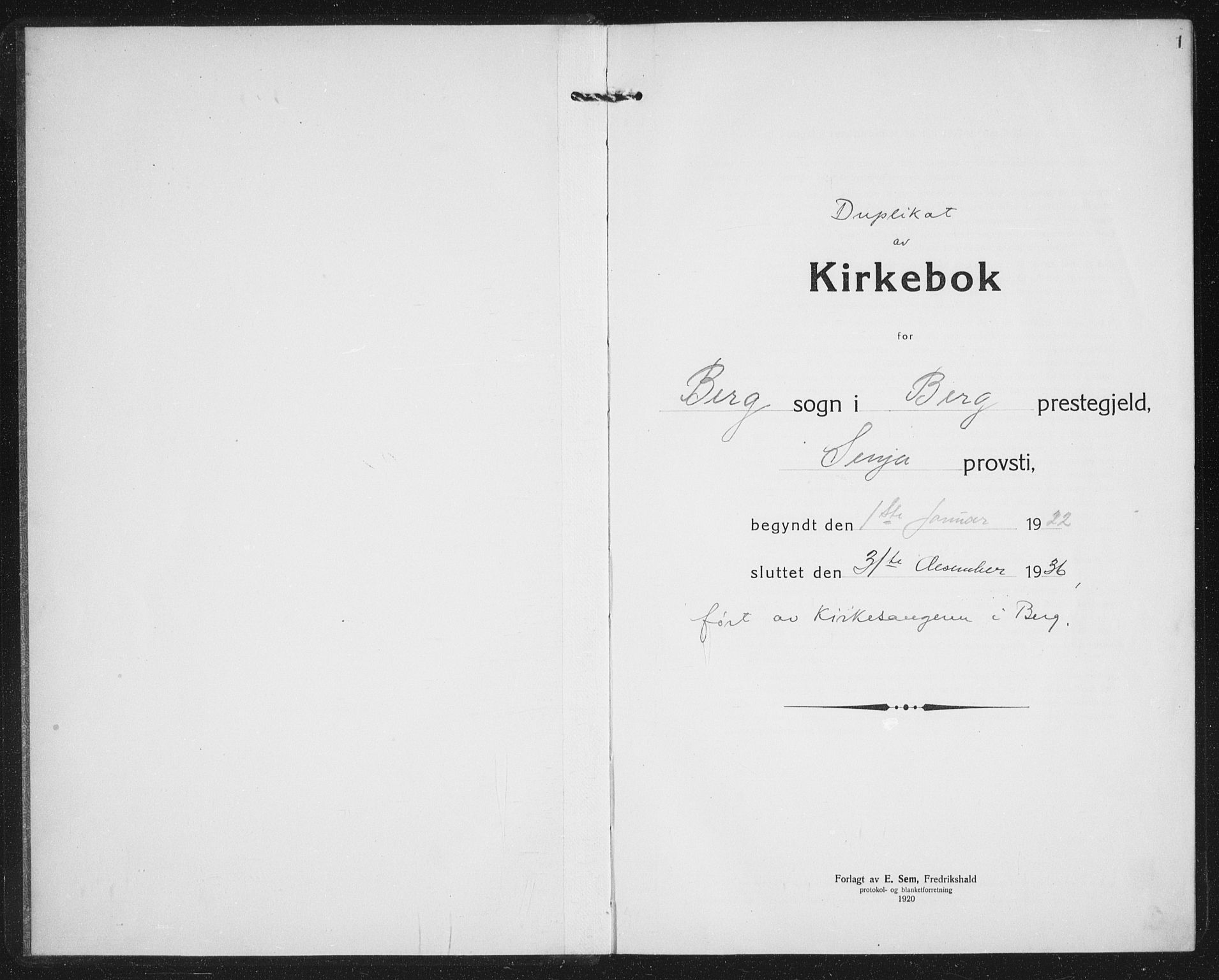 Berg sokneprestkontor, AV/SATØ-S-1318/G/Ga/Gab/L0007klokker: Parish register (copy) no. 7, 1922-1936, p. 1