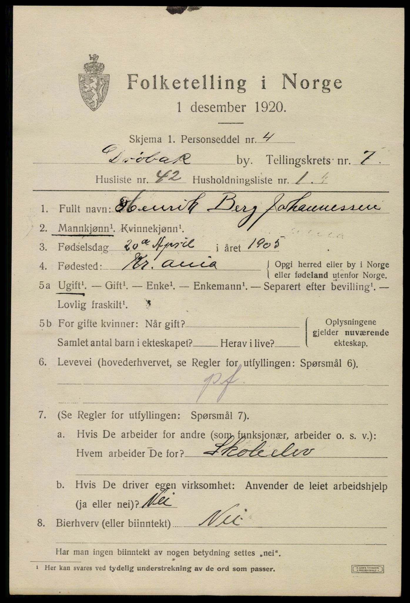 SAO, 1920 census for Drøbak, 1920, p. 6023