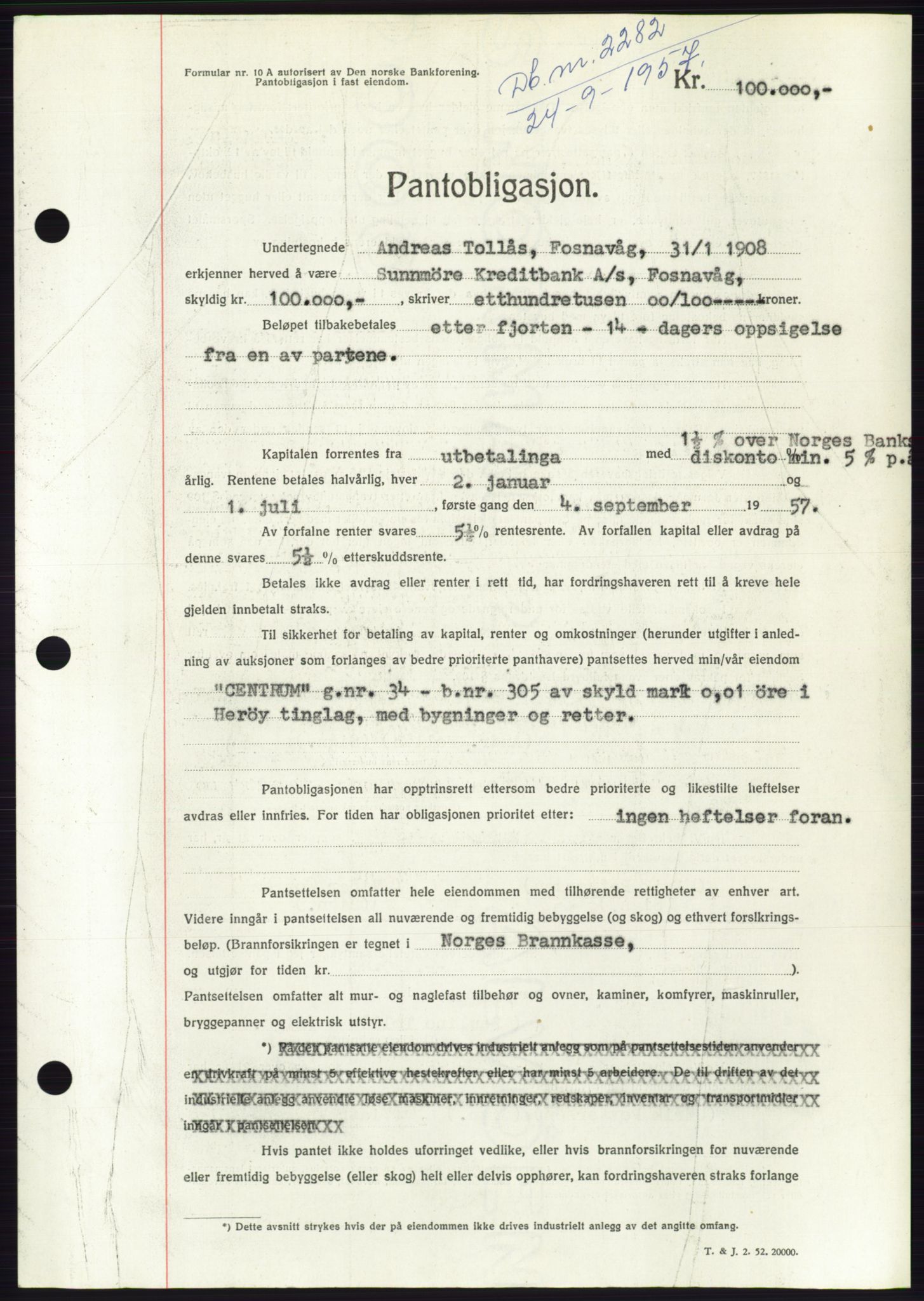 Søre Sunnmøre sorenskriveri, AV/SAT-A-4122/1/2/2C/L0130: Mortgage book no. 18B, 1957-1958, Diary no: : 2282/1957