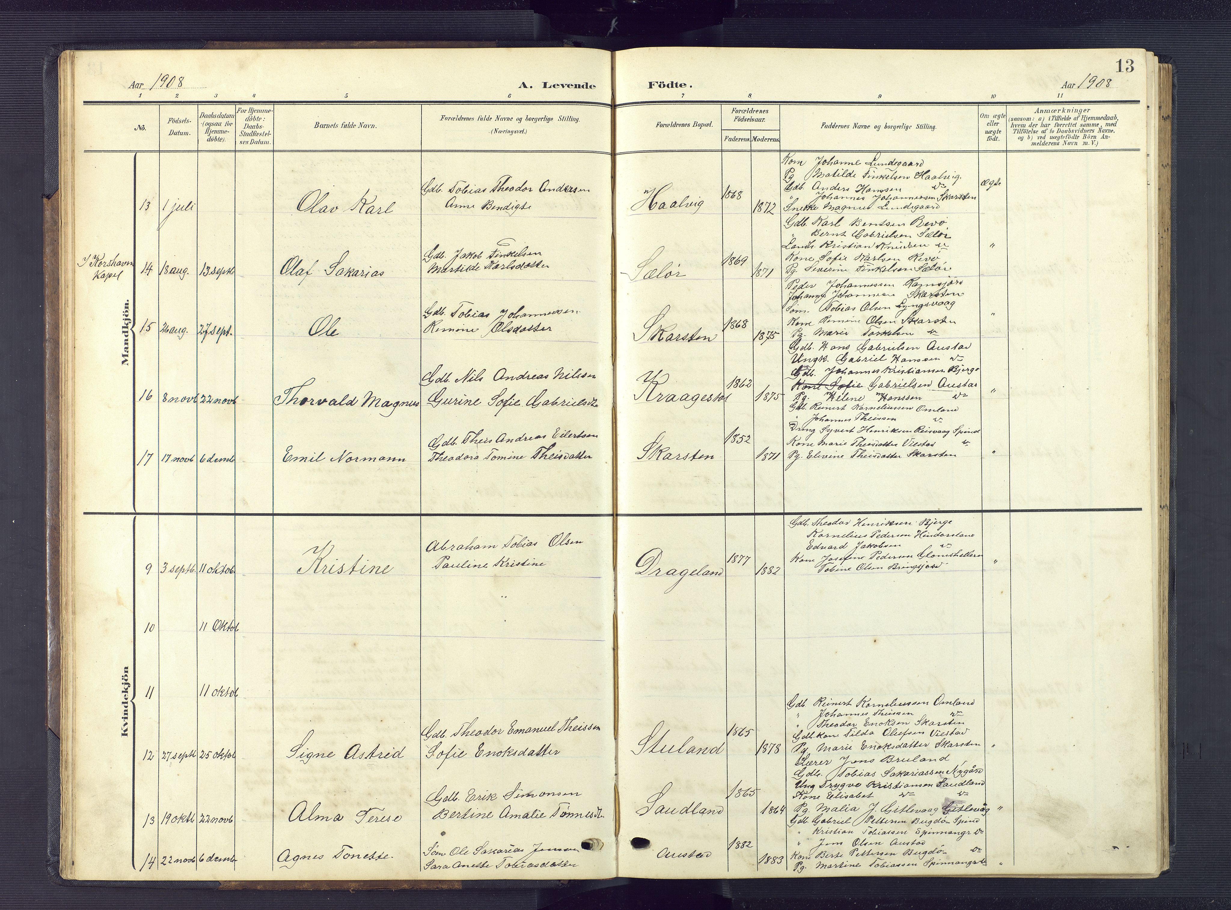 Lyngdal sokneprestkontor, AV/SAK-1111-0029/F/Fb/Fba/L0004: Parish register (copy) no. B 4, 1904-1950, p. 13